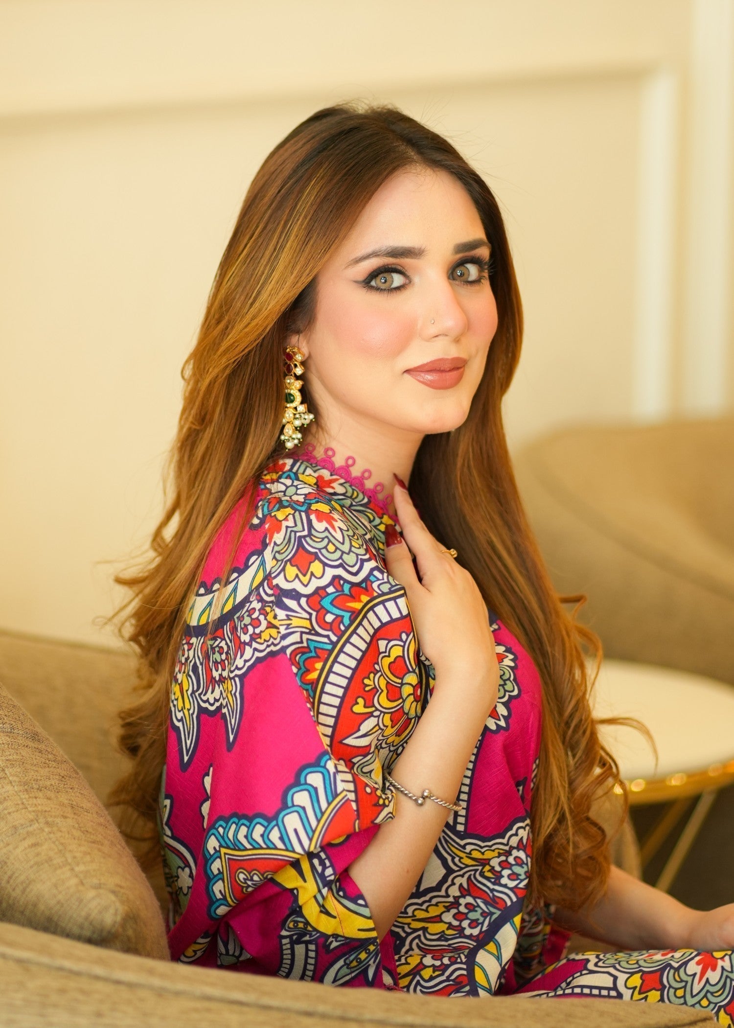 textured lawn Kaftan in Hot pink