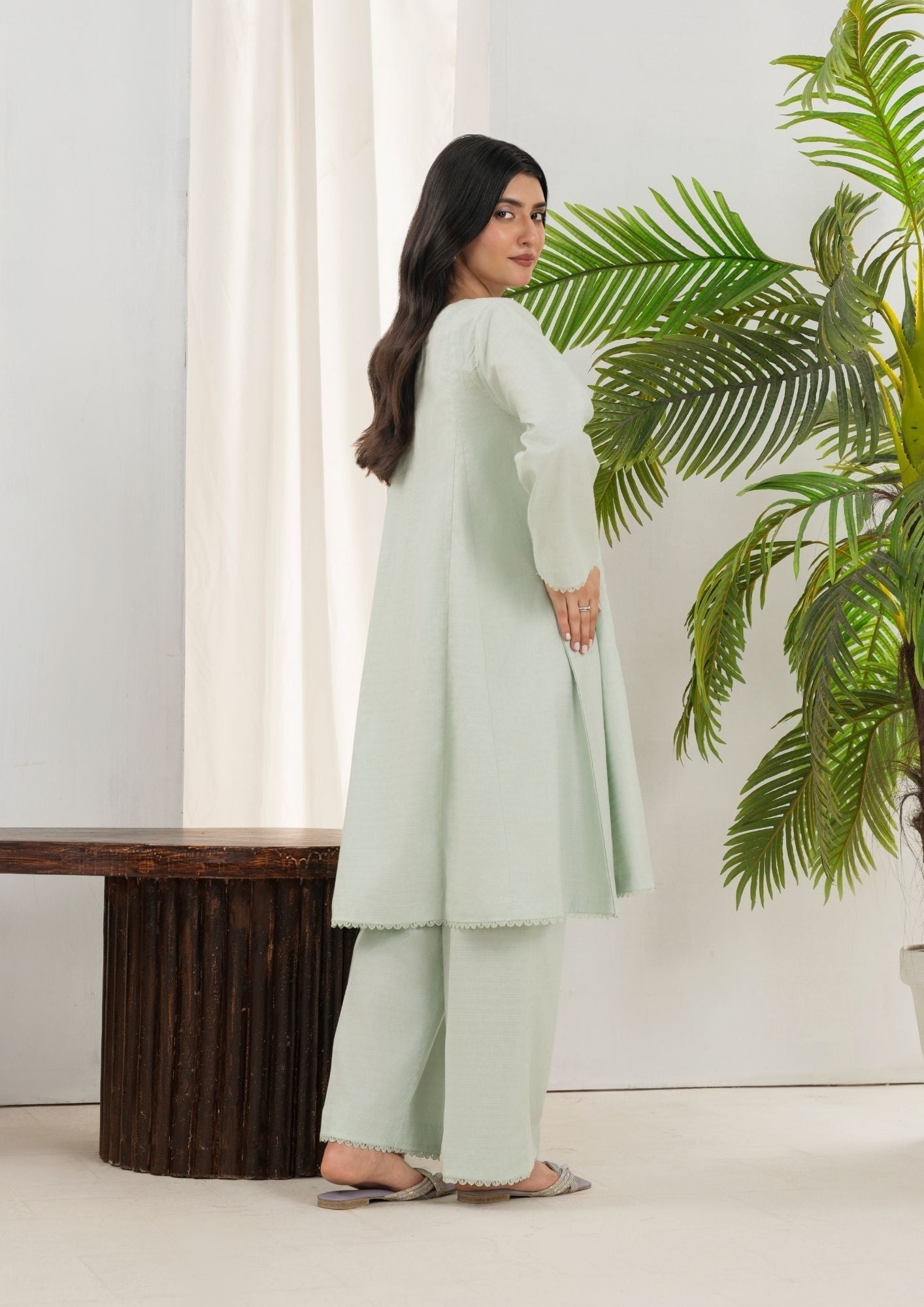 lawn cotton Short Frock in Tea green