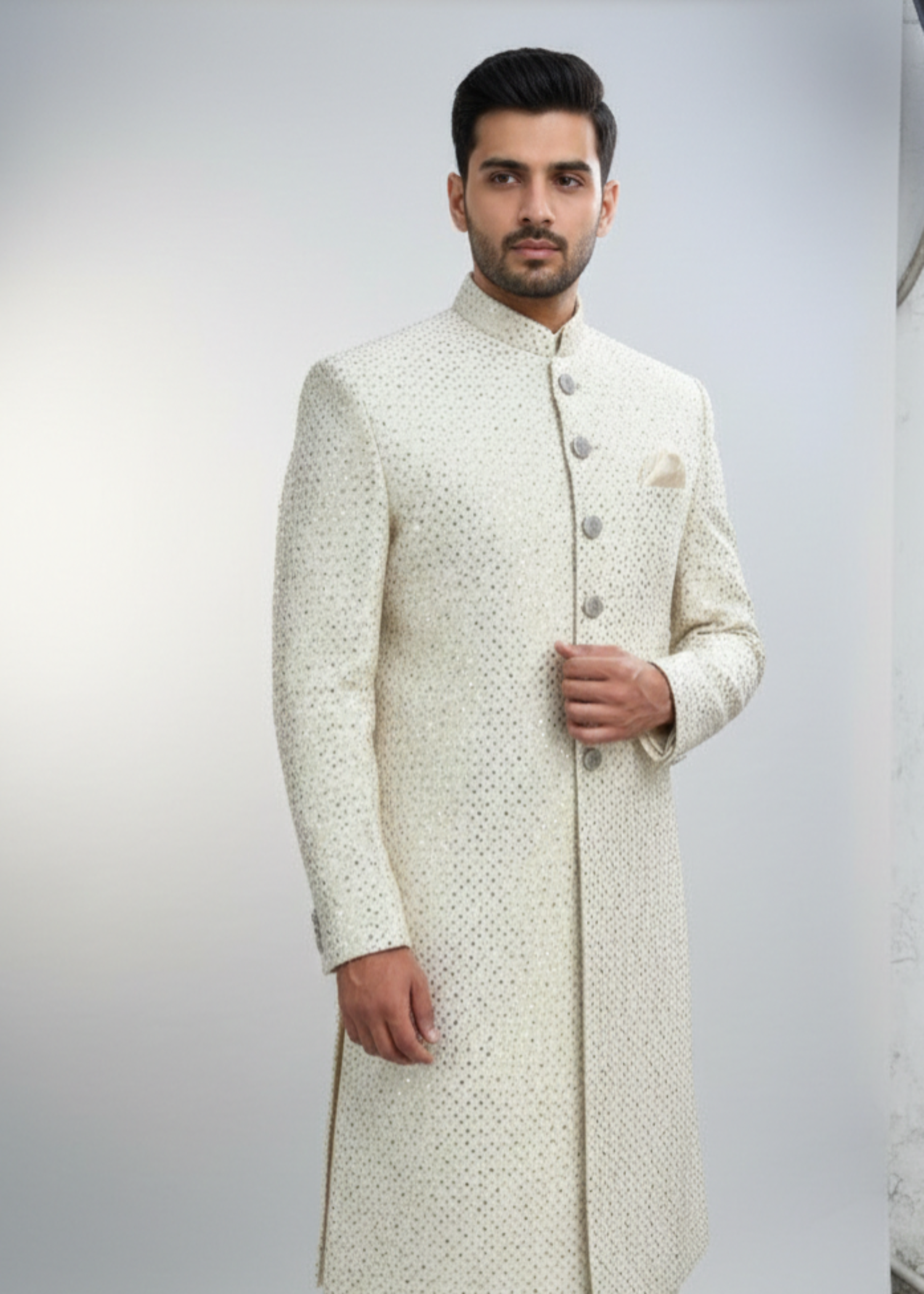 silk Sherwani in White, gold