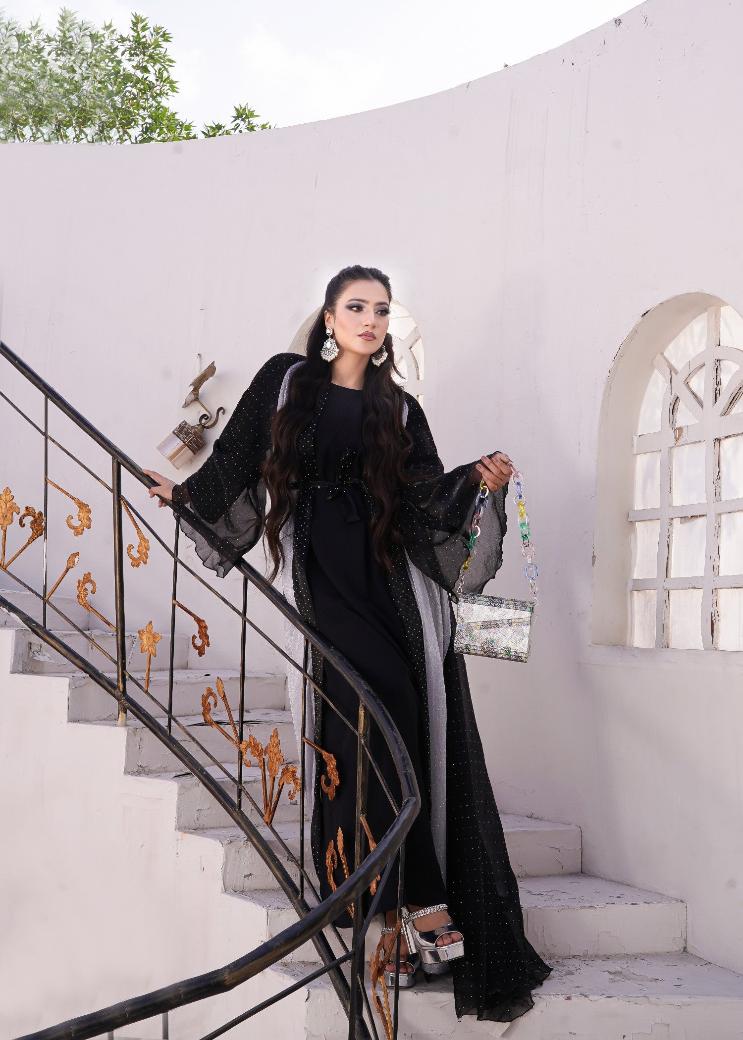 organza Abaya in Black, silver