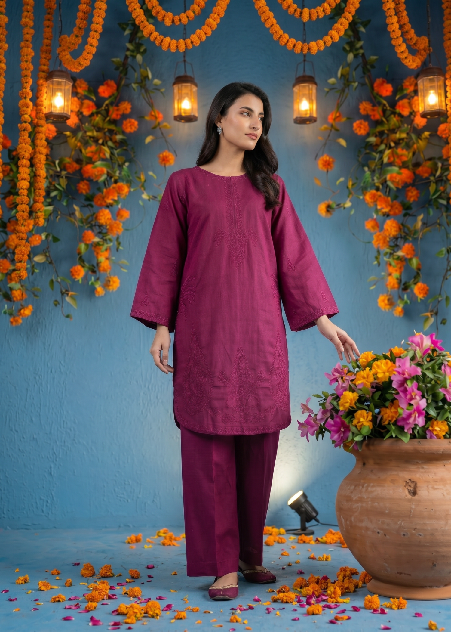 textured lawn Kurti in Magenta haze