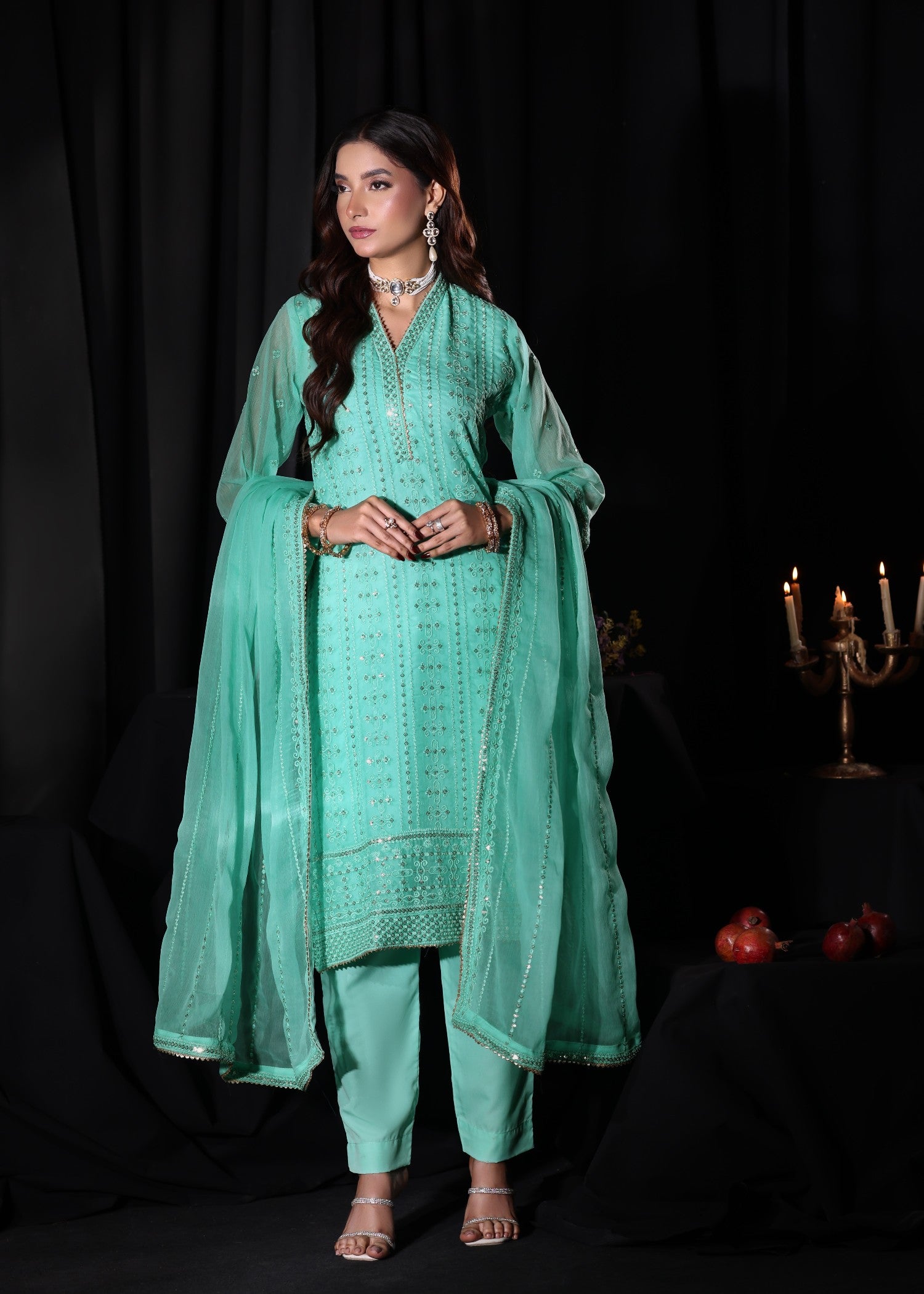 chiffon Kurta Set in Aquamarine