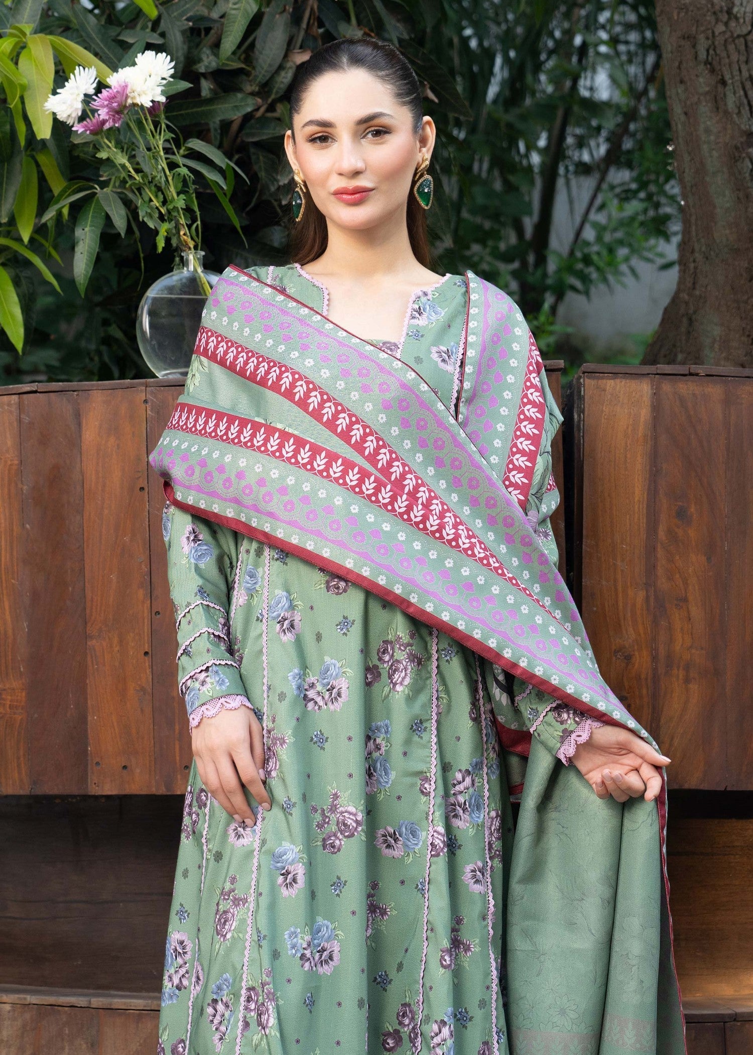 khaddar Gown in Pistachio green