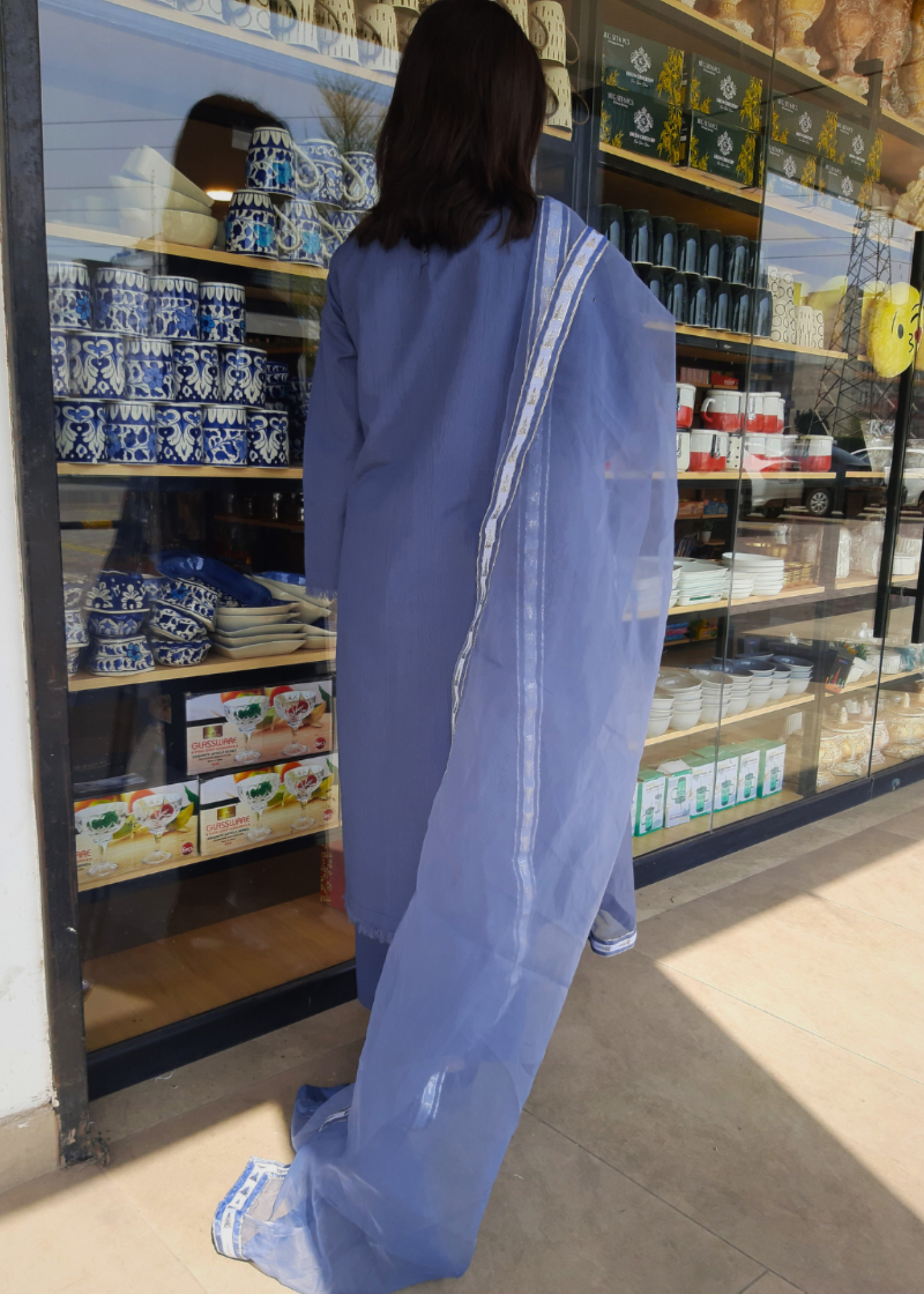 textured grip Kurta Set in Steel blue
