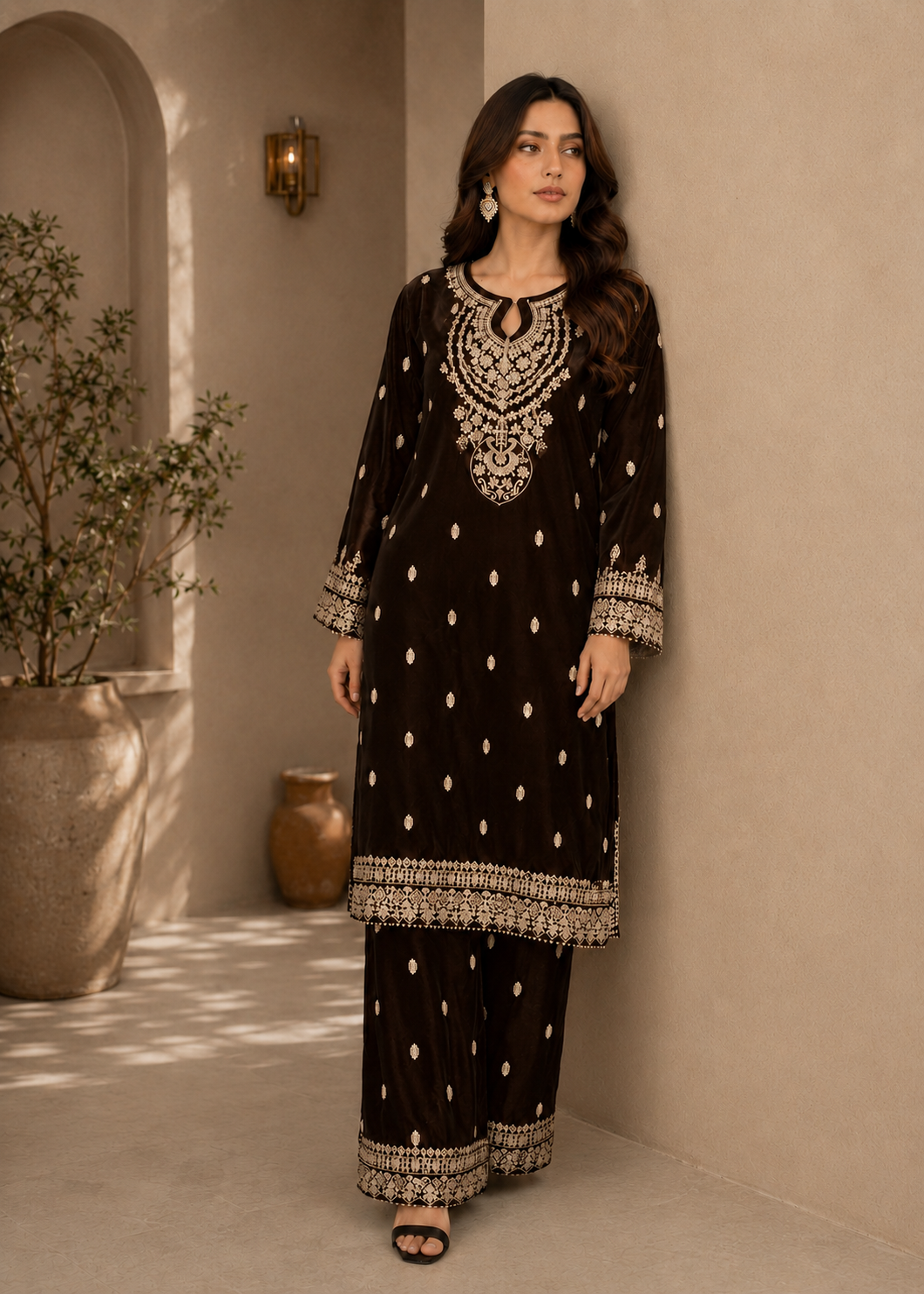 chinese micro velvet 9000 Kurta Set in Dark brown