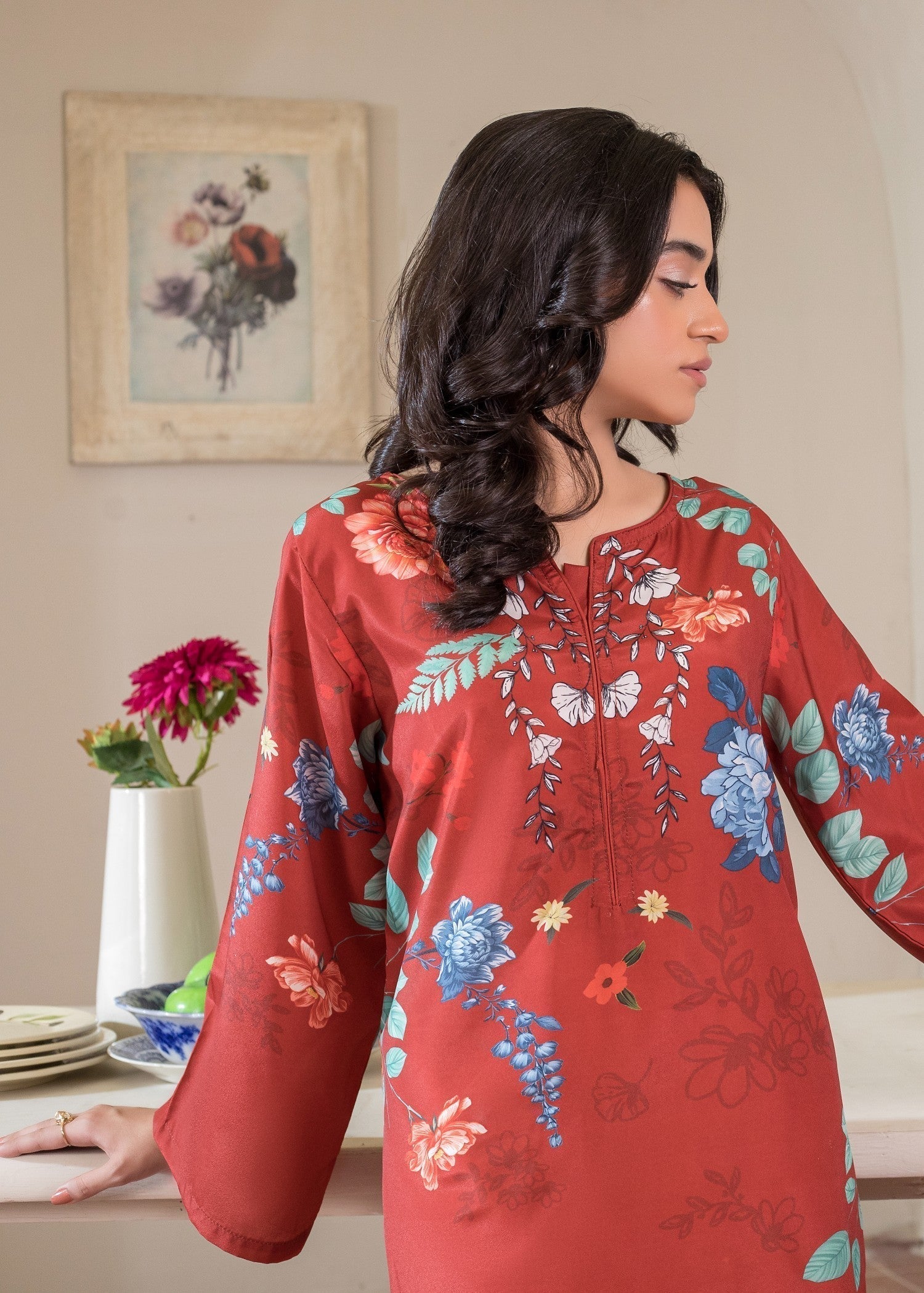 polyester crepe Kurta Set in Red