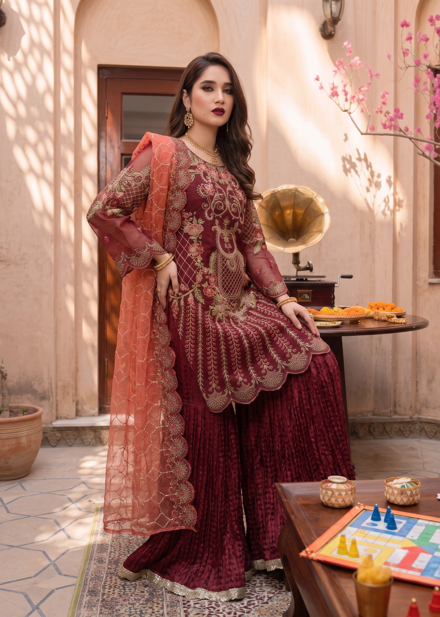 organza Gharara in Maroon