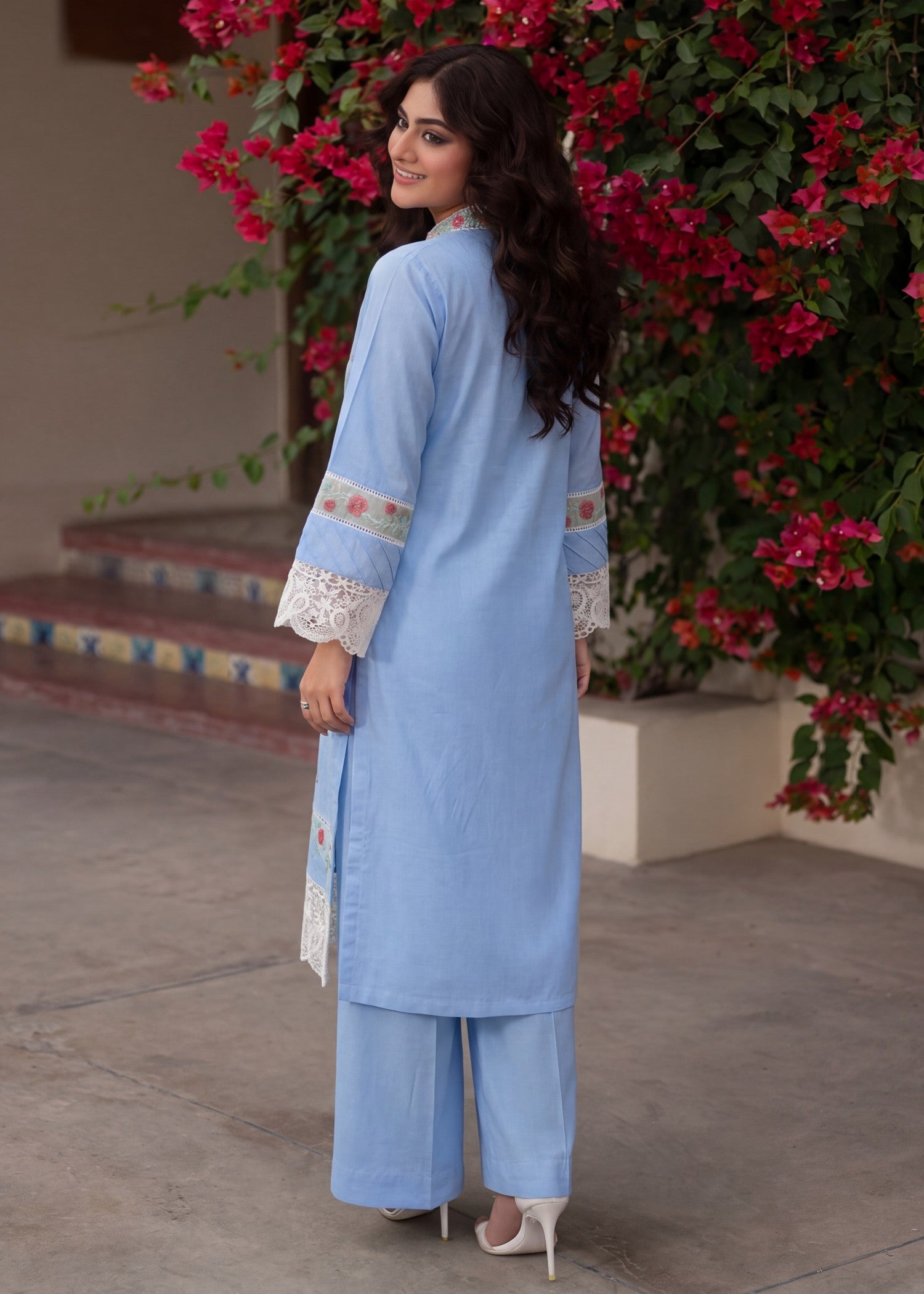 textured lawn Kurta Set in Sky blue