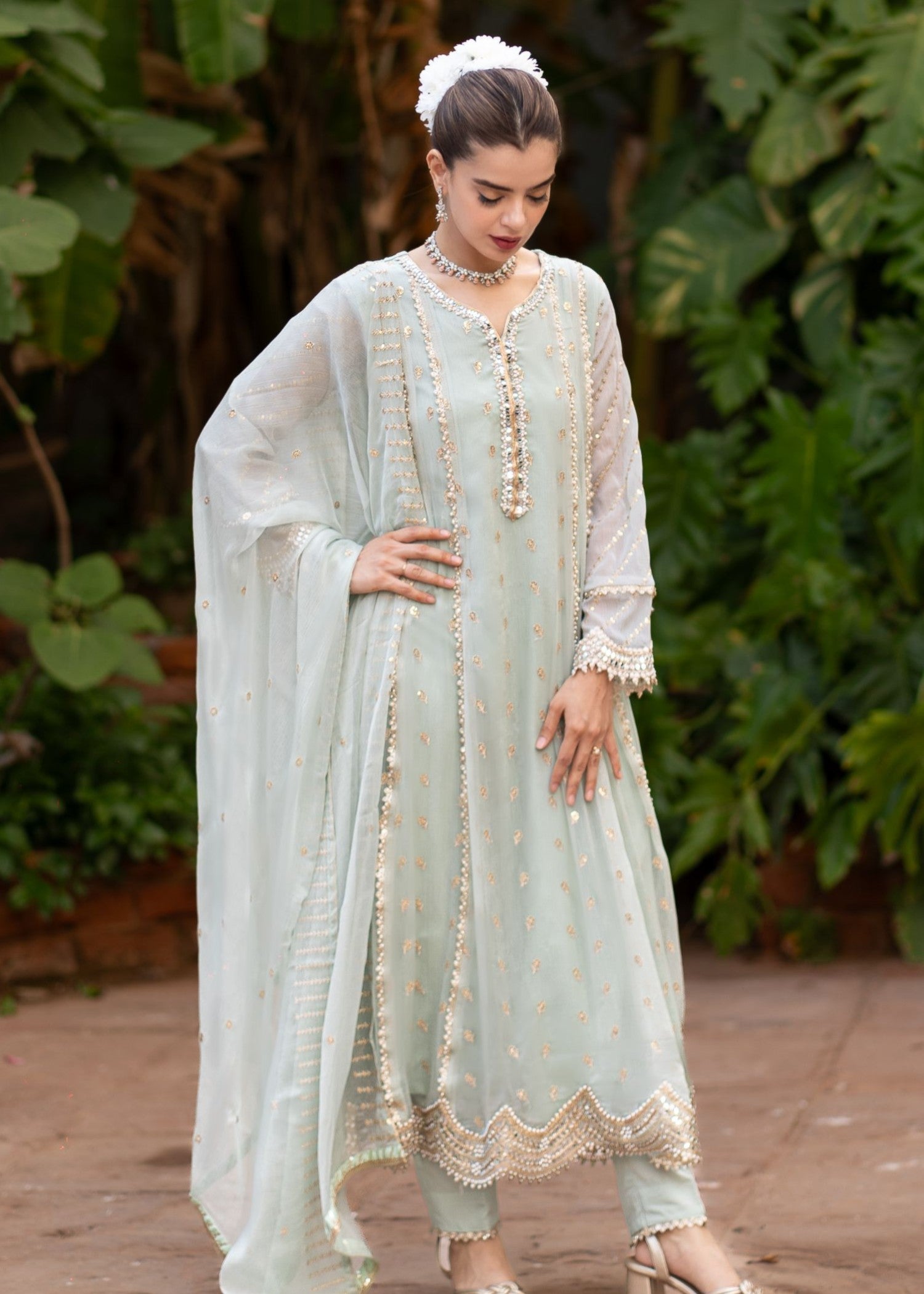 chiffon Pishwas in Powder blue