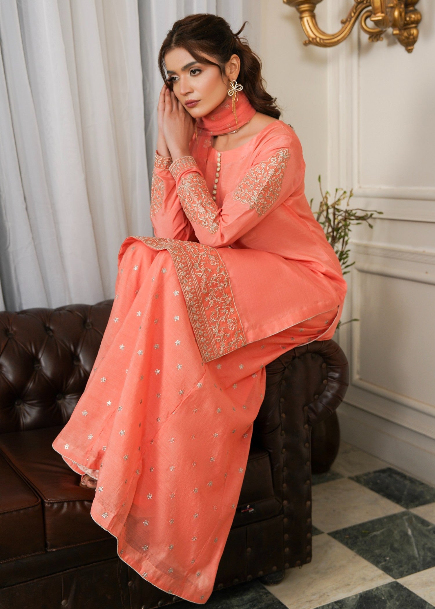 raw silk Sharara in Peach pink