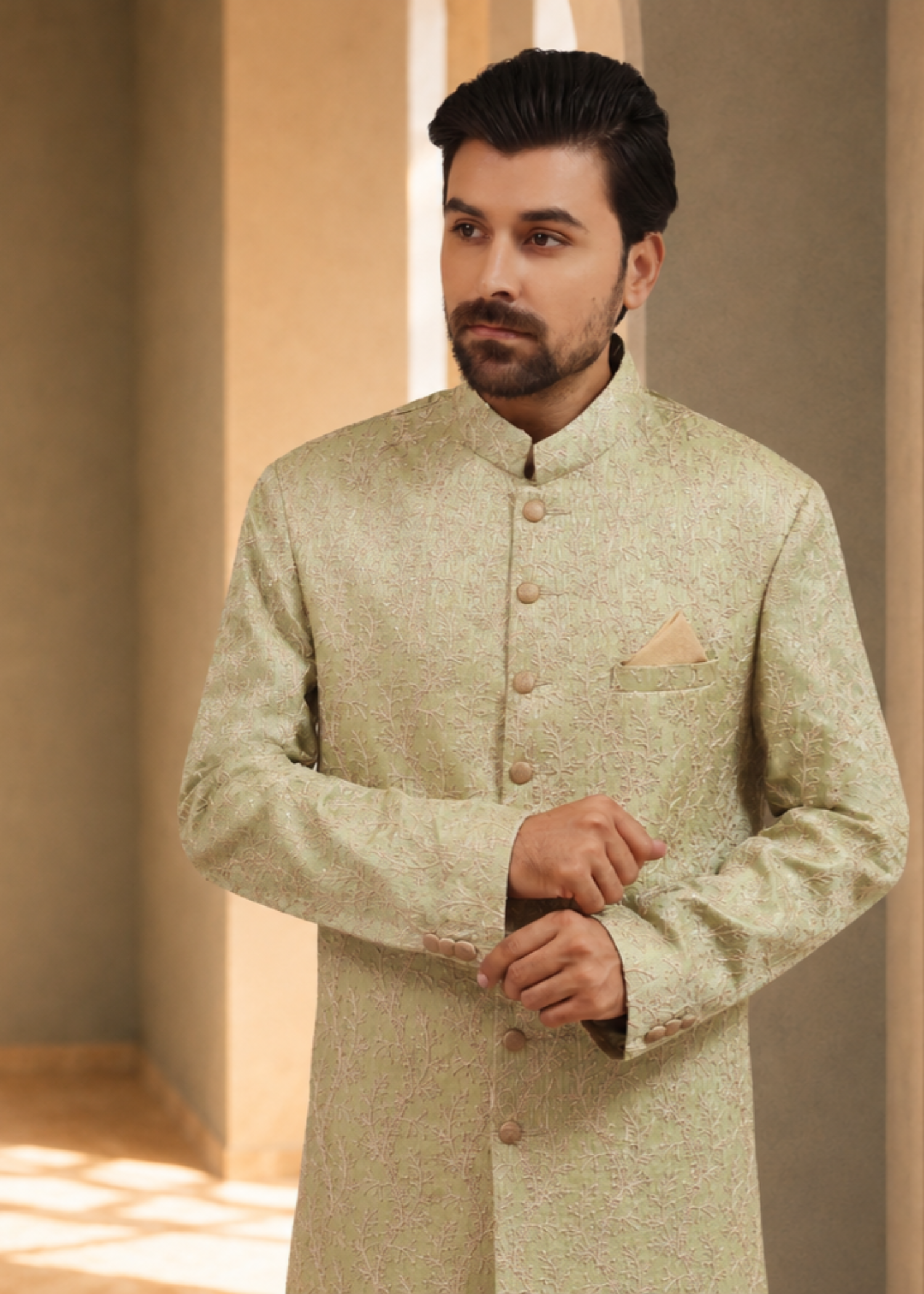 jamawar Sherwani in Tea green, autumn gold
