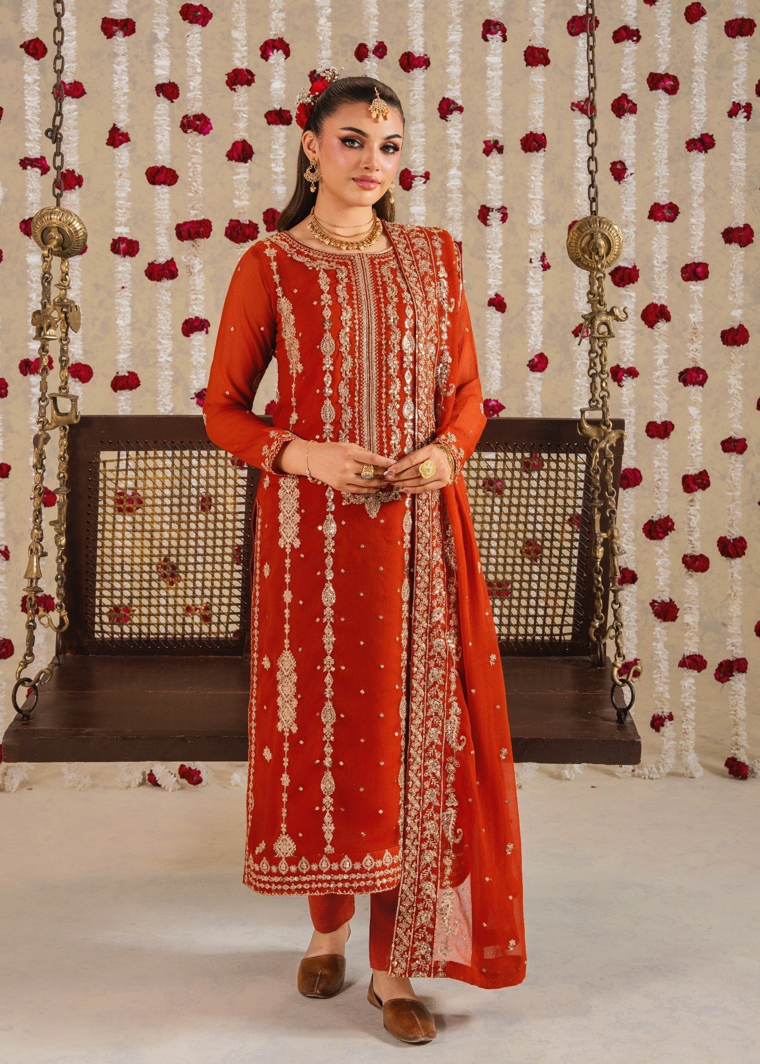 chiffon Kurta Set in Rust red