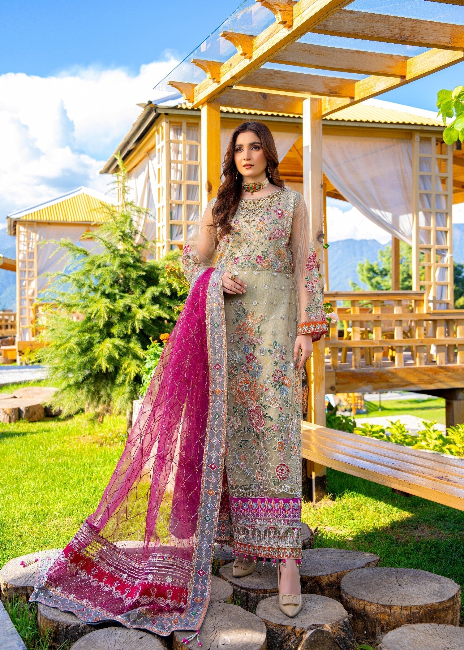 net Kurta Set in Sage green