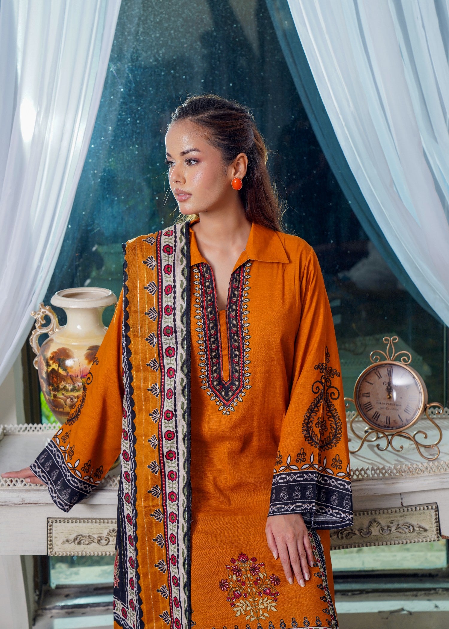 slub khaddar Unstitched in Tangerine