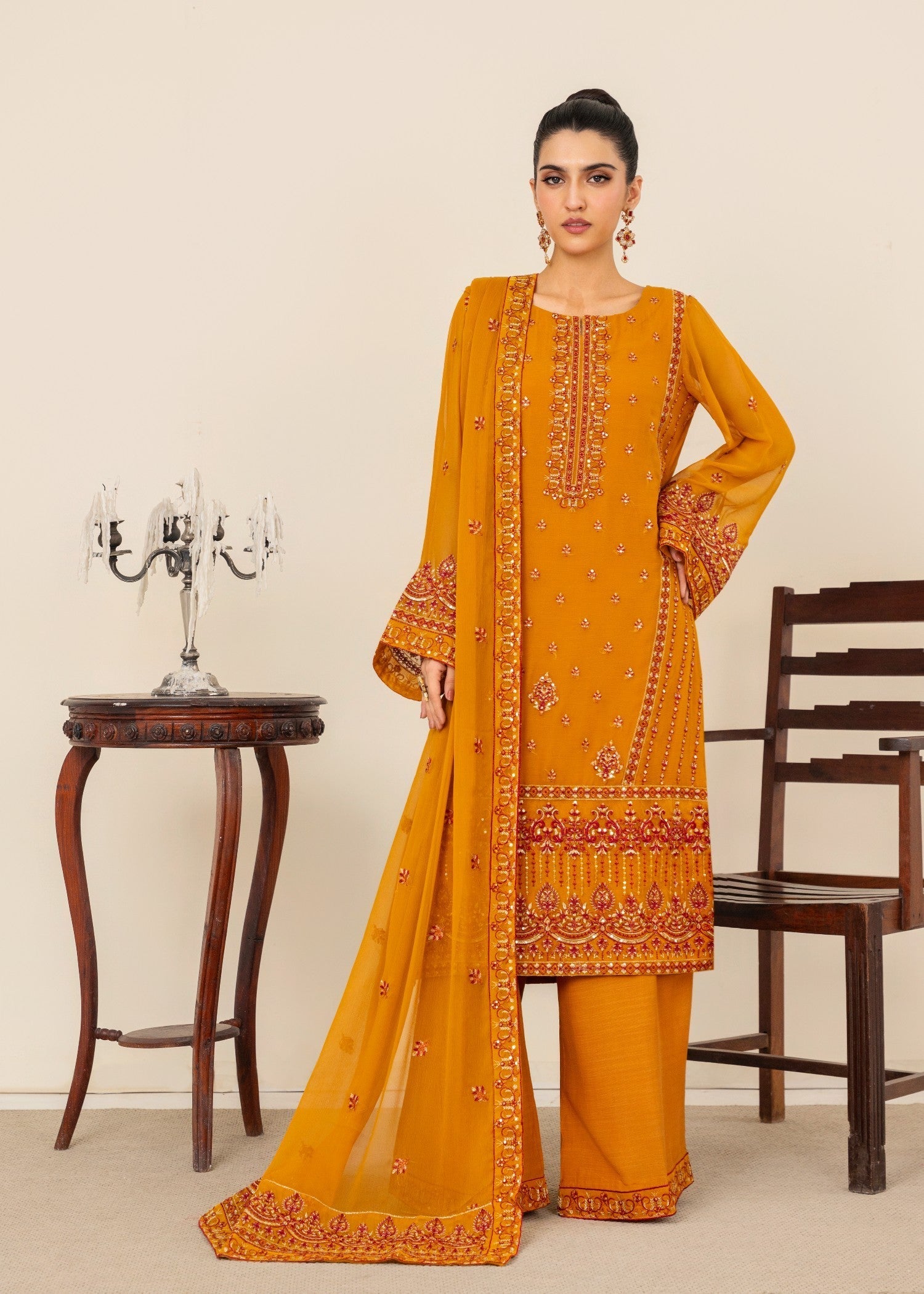 chiffon Kurta Set in Pumpkin orange