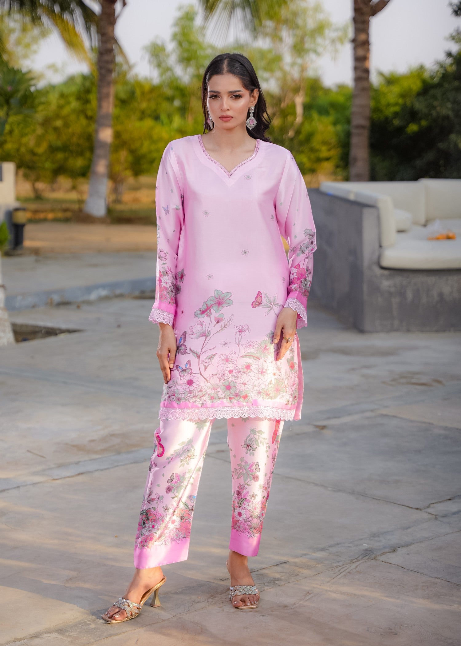 silk charmeuse Kurta Set in Bubblegum pink