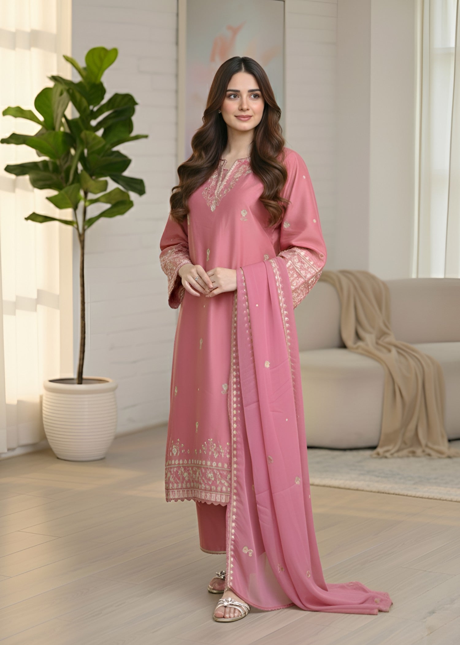 cambric Kurta Set in Salmon pink
