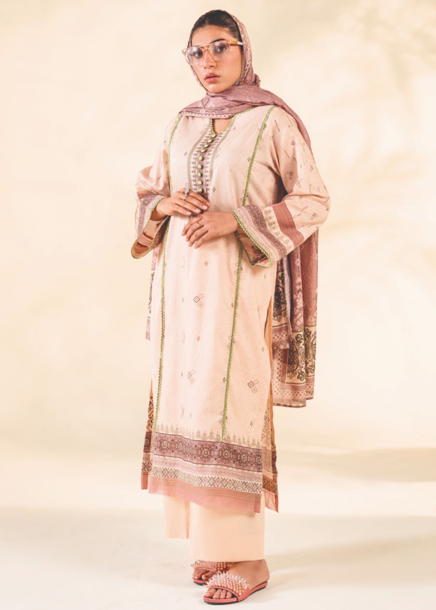 lawn Kurta Set in Beige