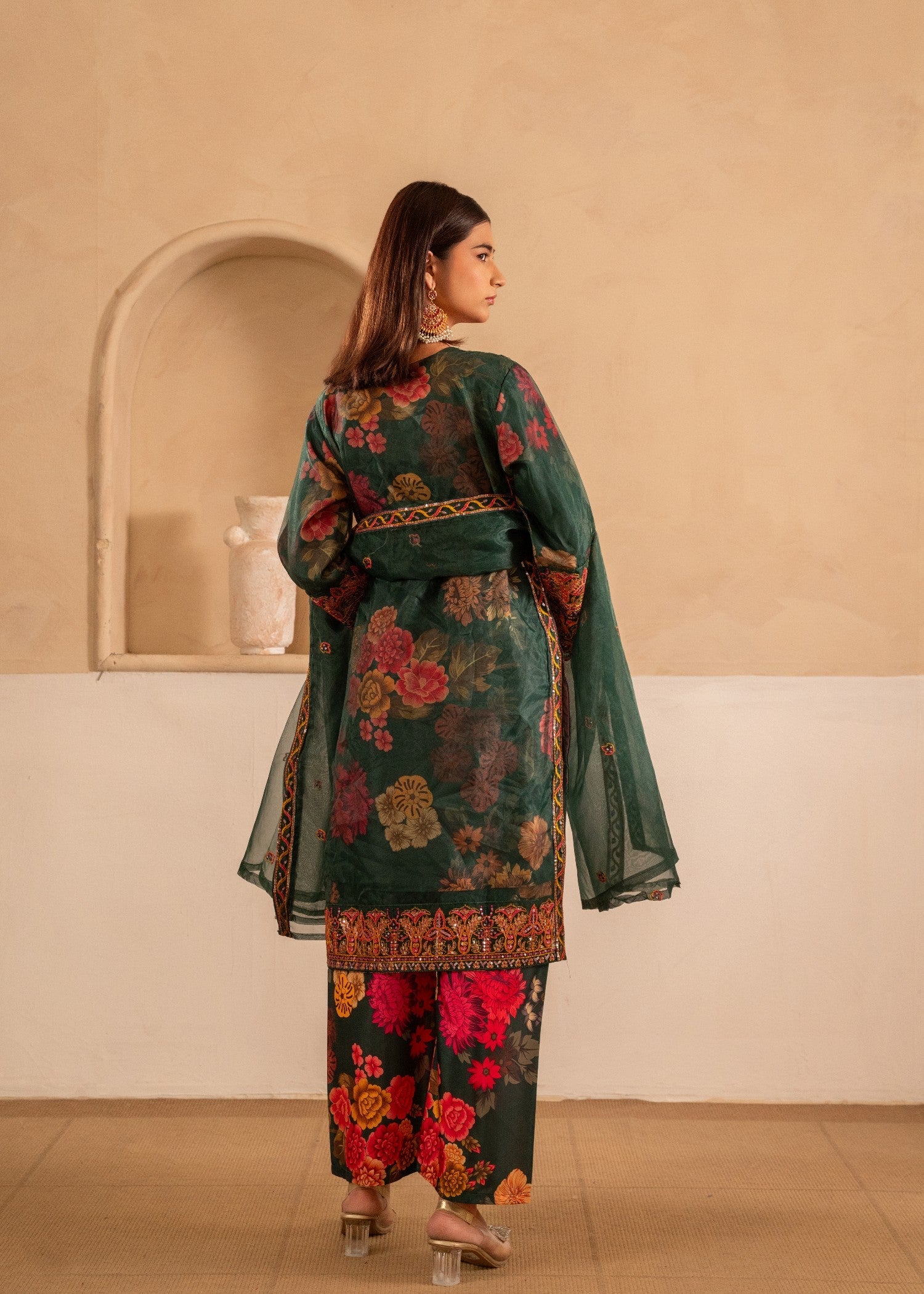 organza Kurta Set in Dark green