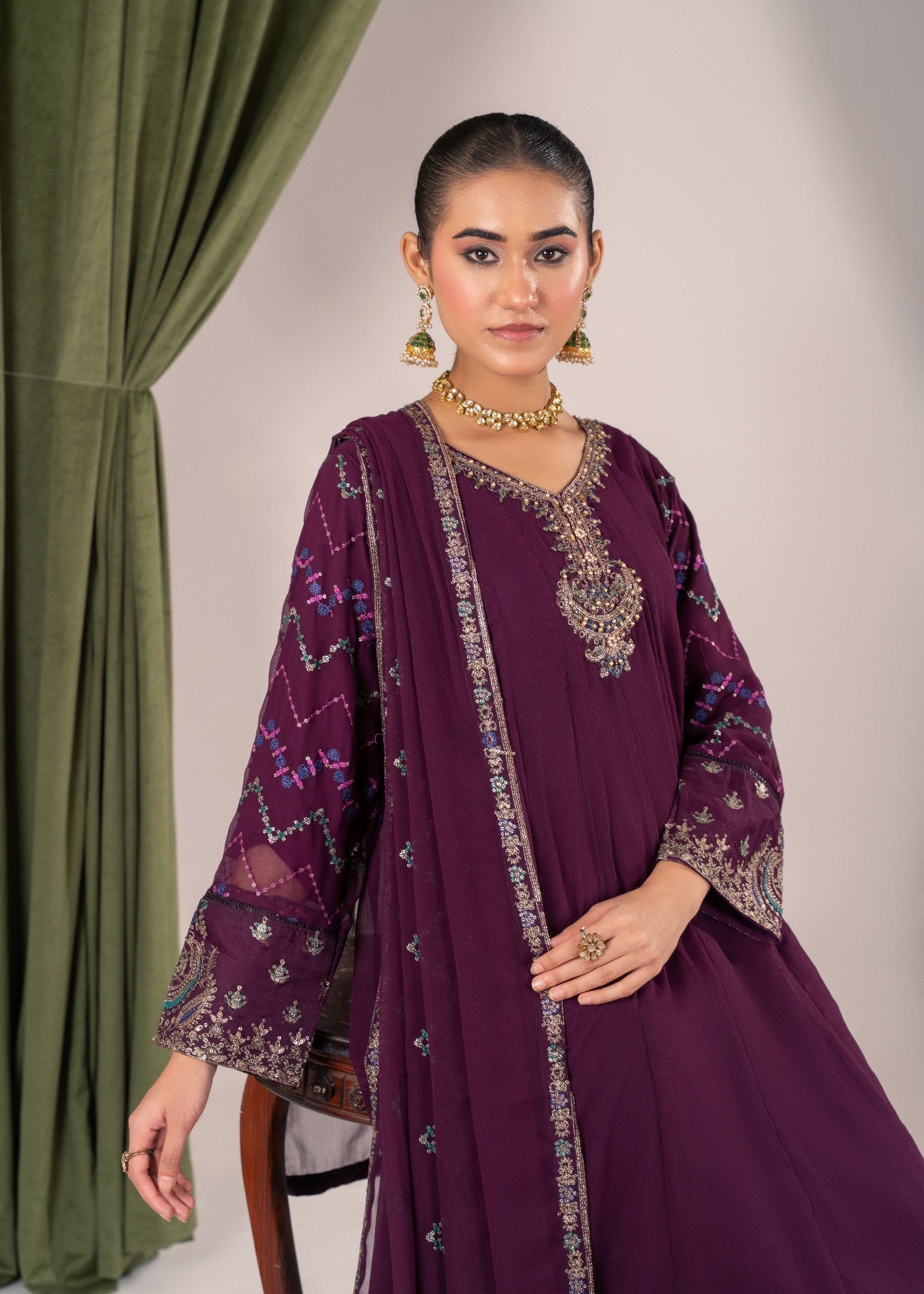 crinkle chiffon Pishwas in Purple