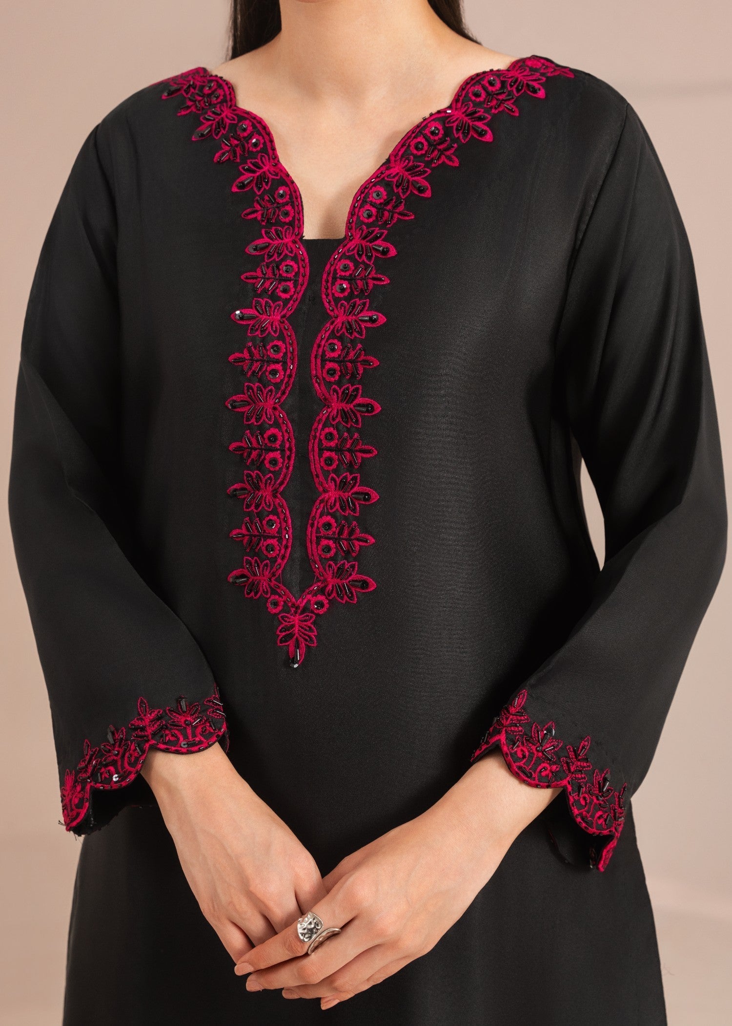 silk charmeuse Kurta Set in Jet black