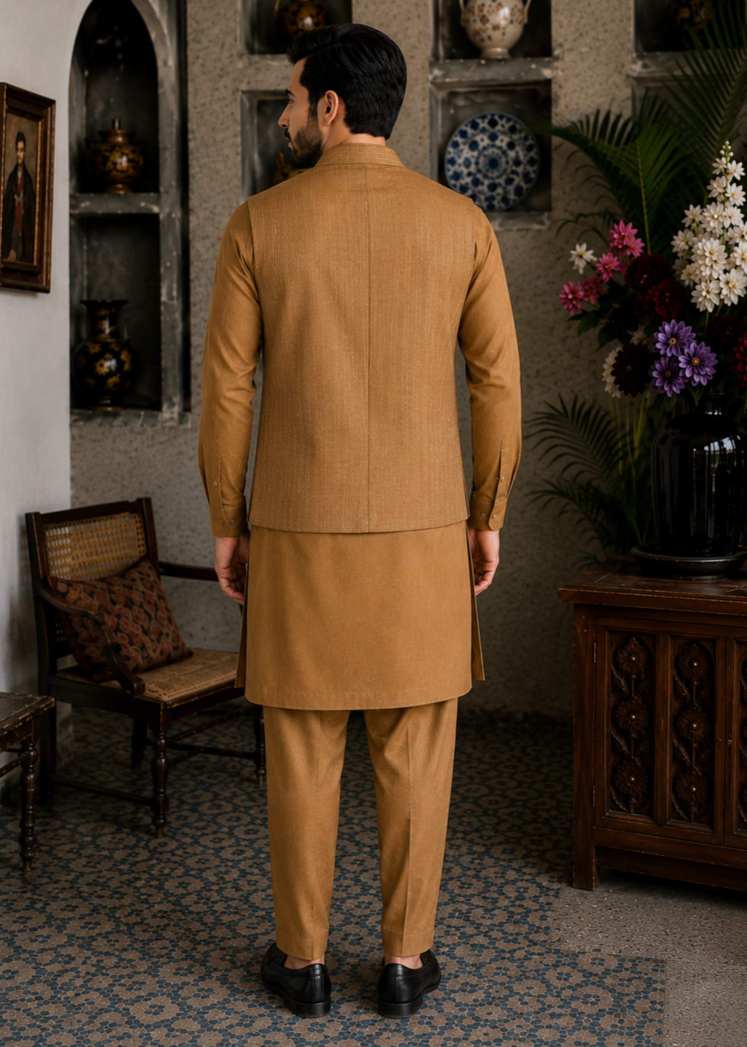 textured wash & wear Waistcoat in Golden brown