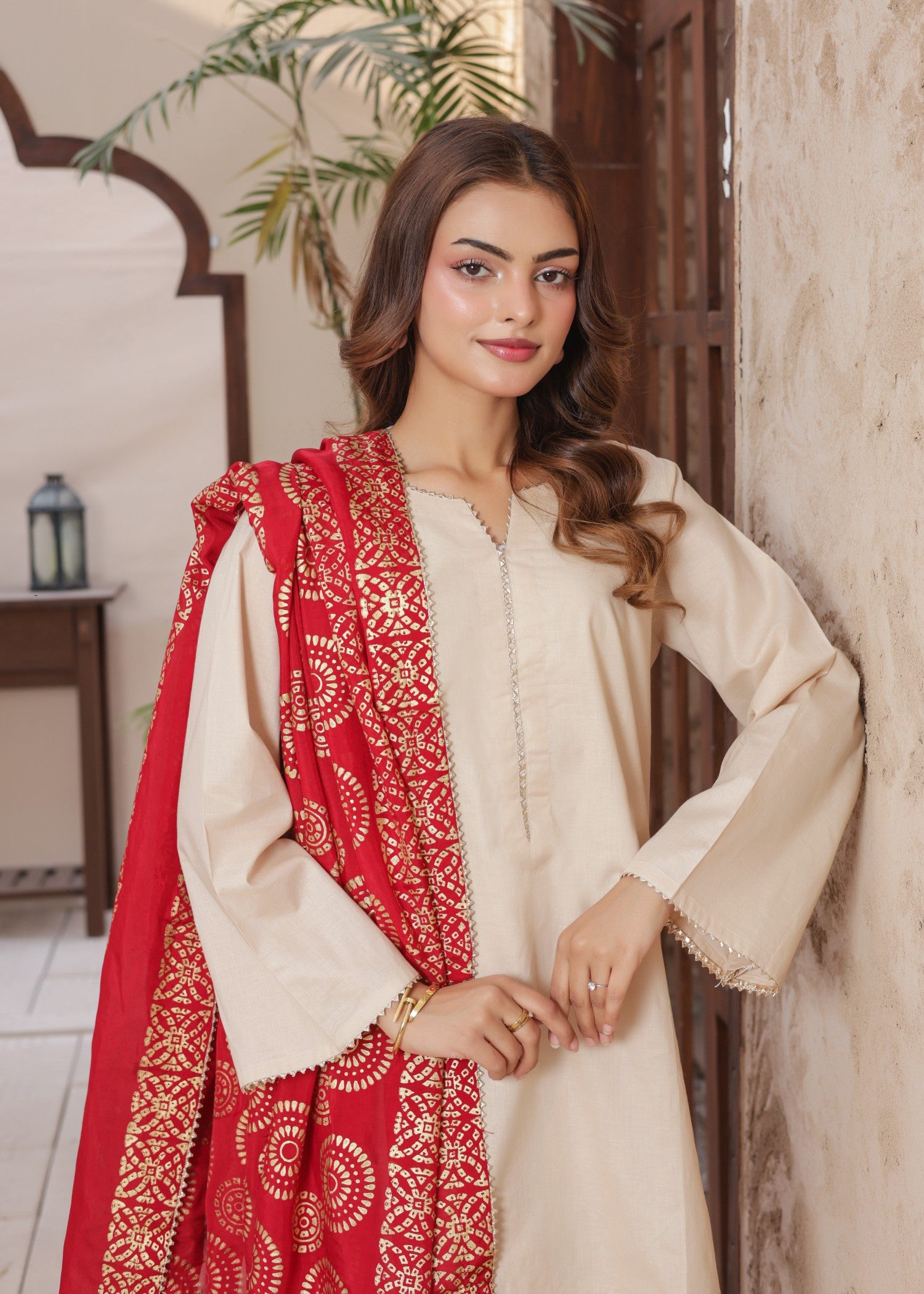cambric Kurta Set in Fire red