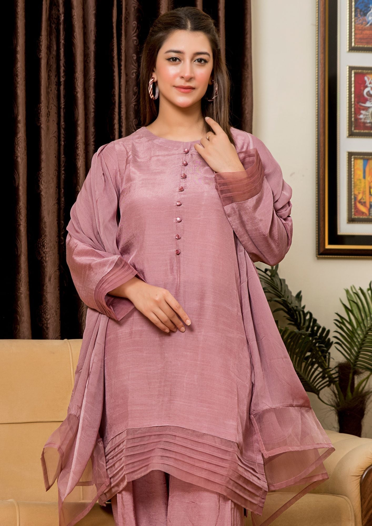 viscose raw silk Kurta Set in Tea rose pink