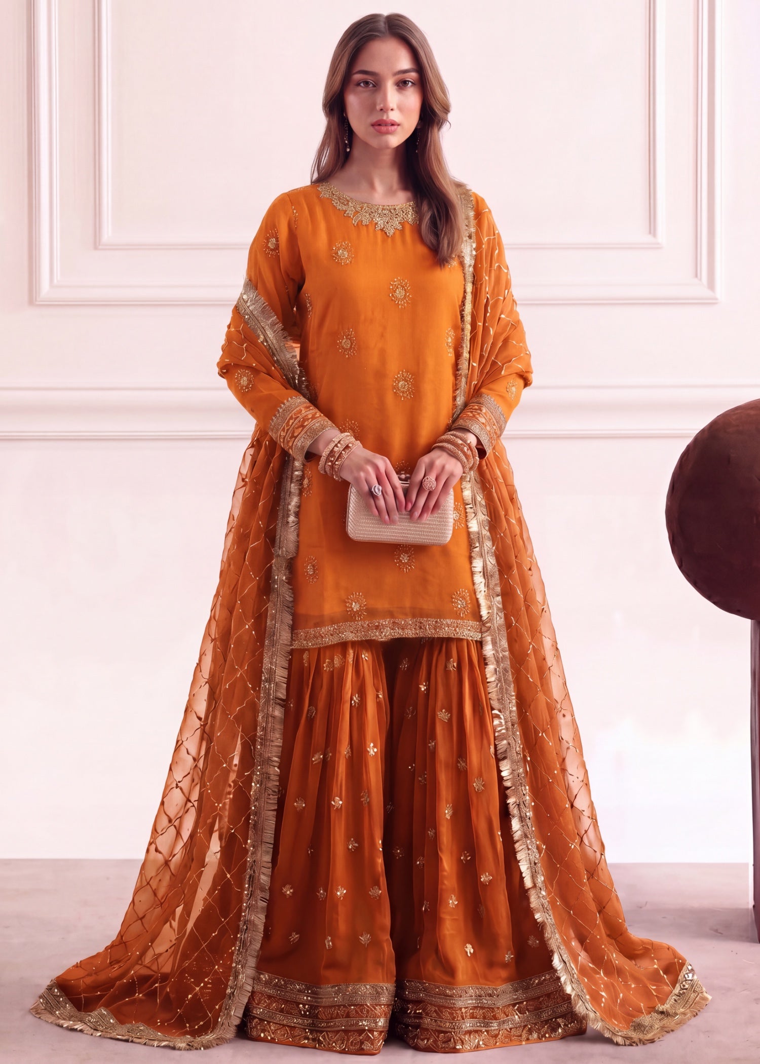 chiffon Gharara in Rust orange