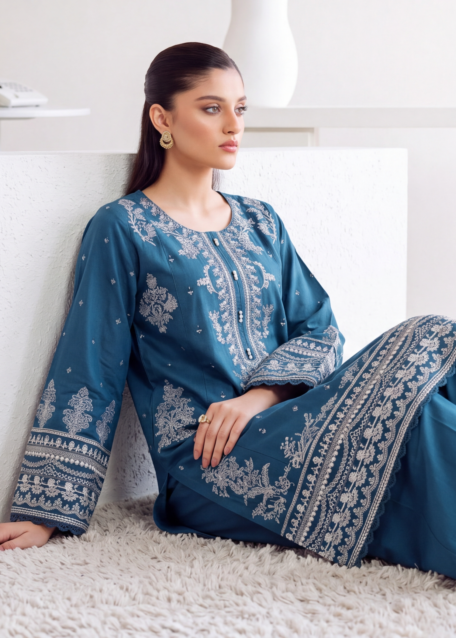 lawn Kurta Set in Ocean blue