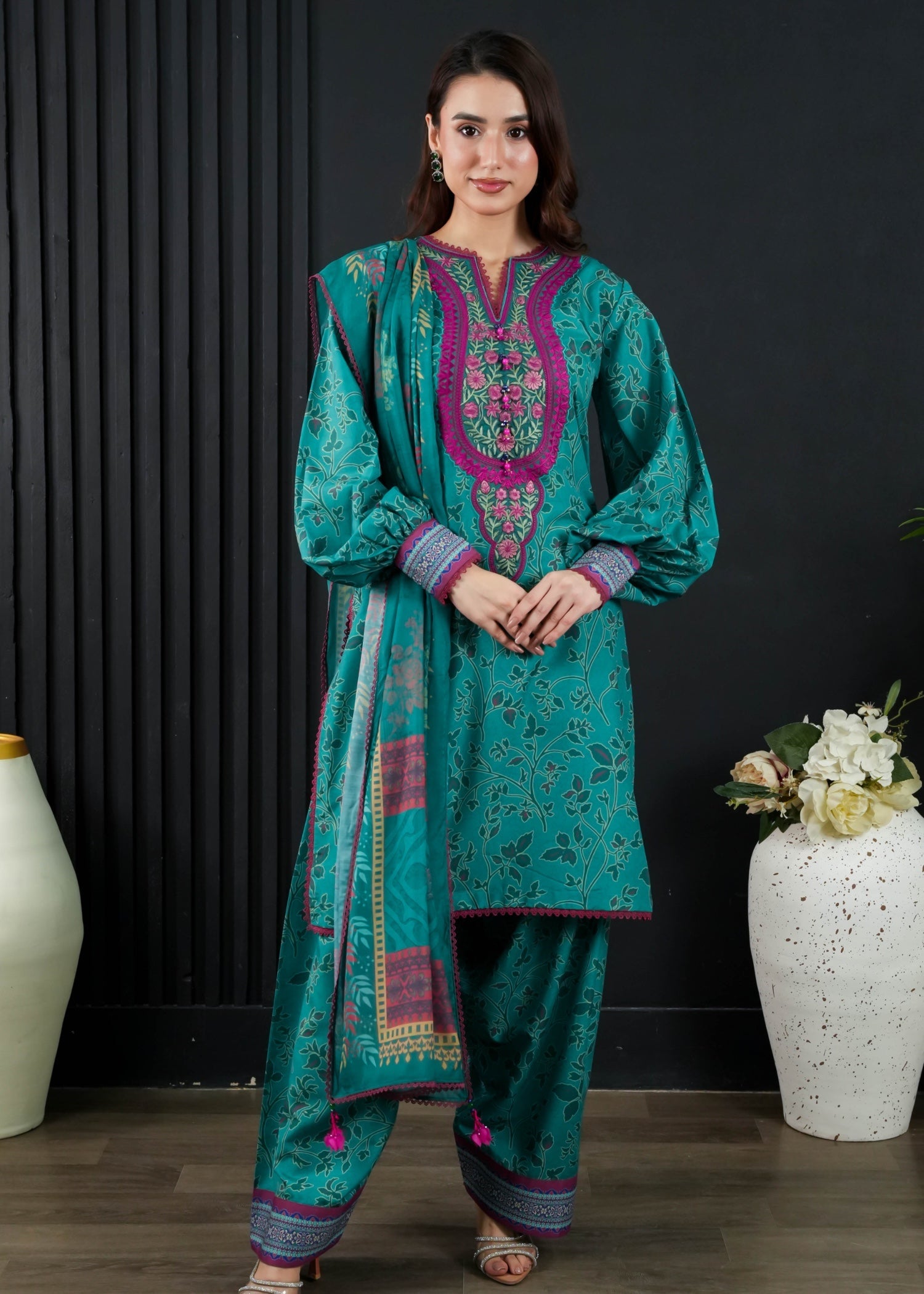 slub cambric Kurta Set in Sea green
