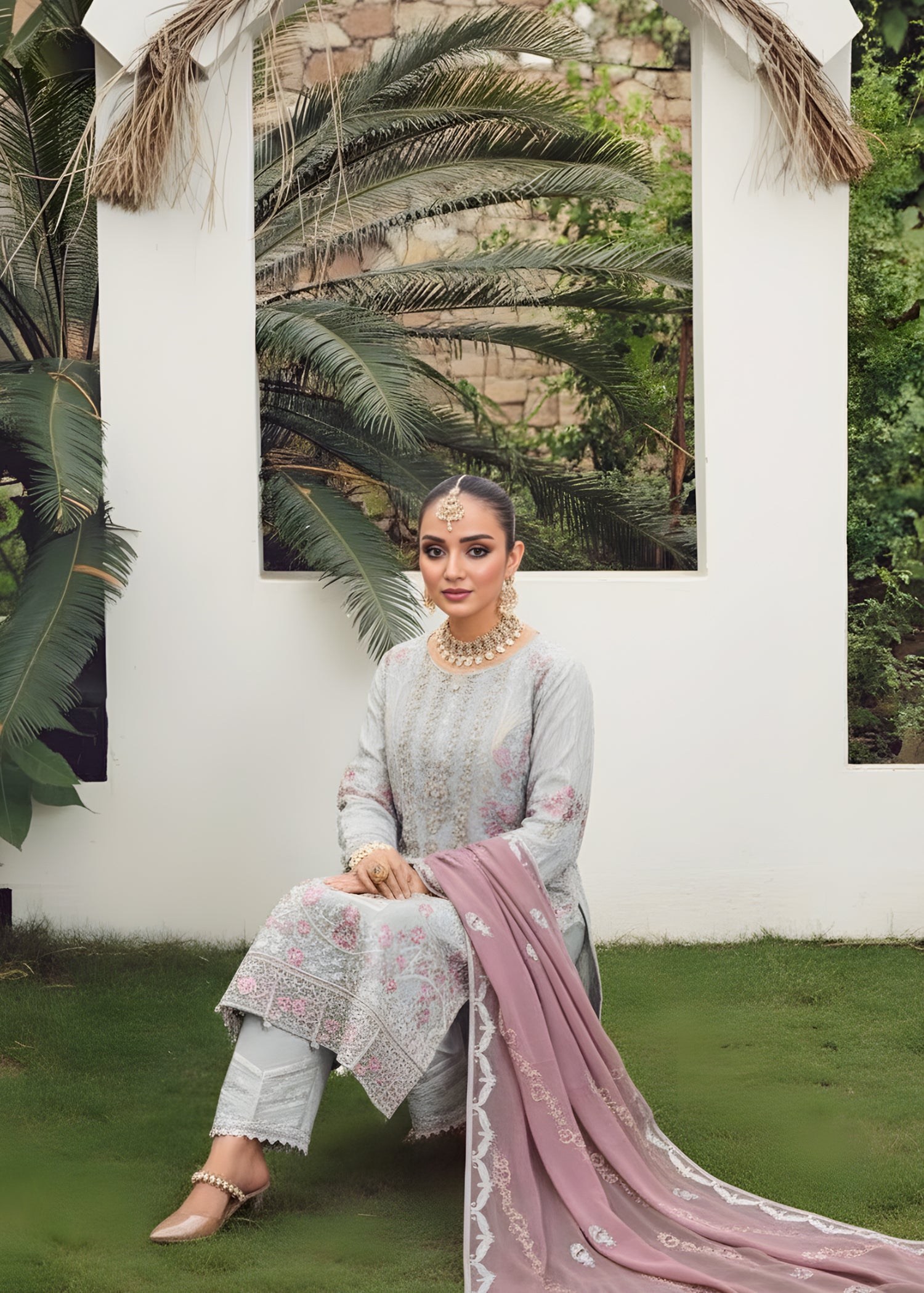 organza Kurta Set in Light grey