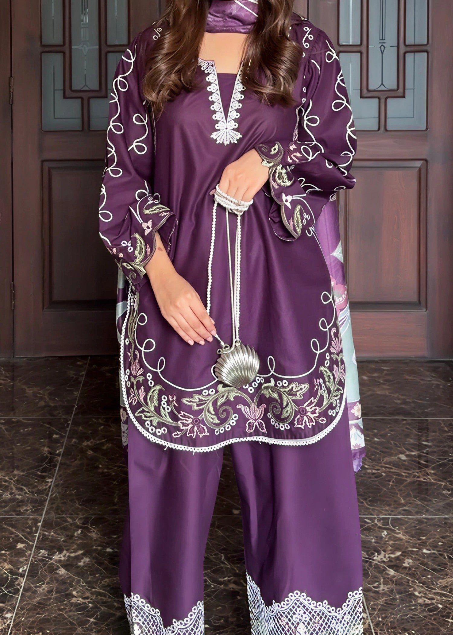 lawn cotton Kurta Set in Purple rain