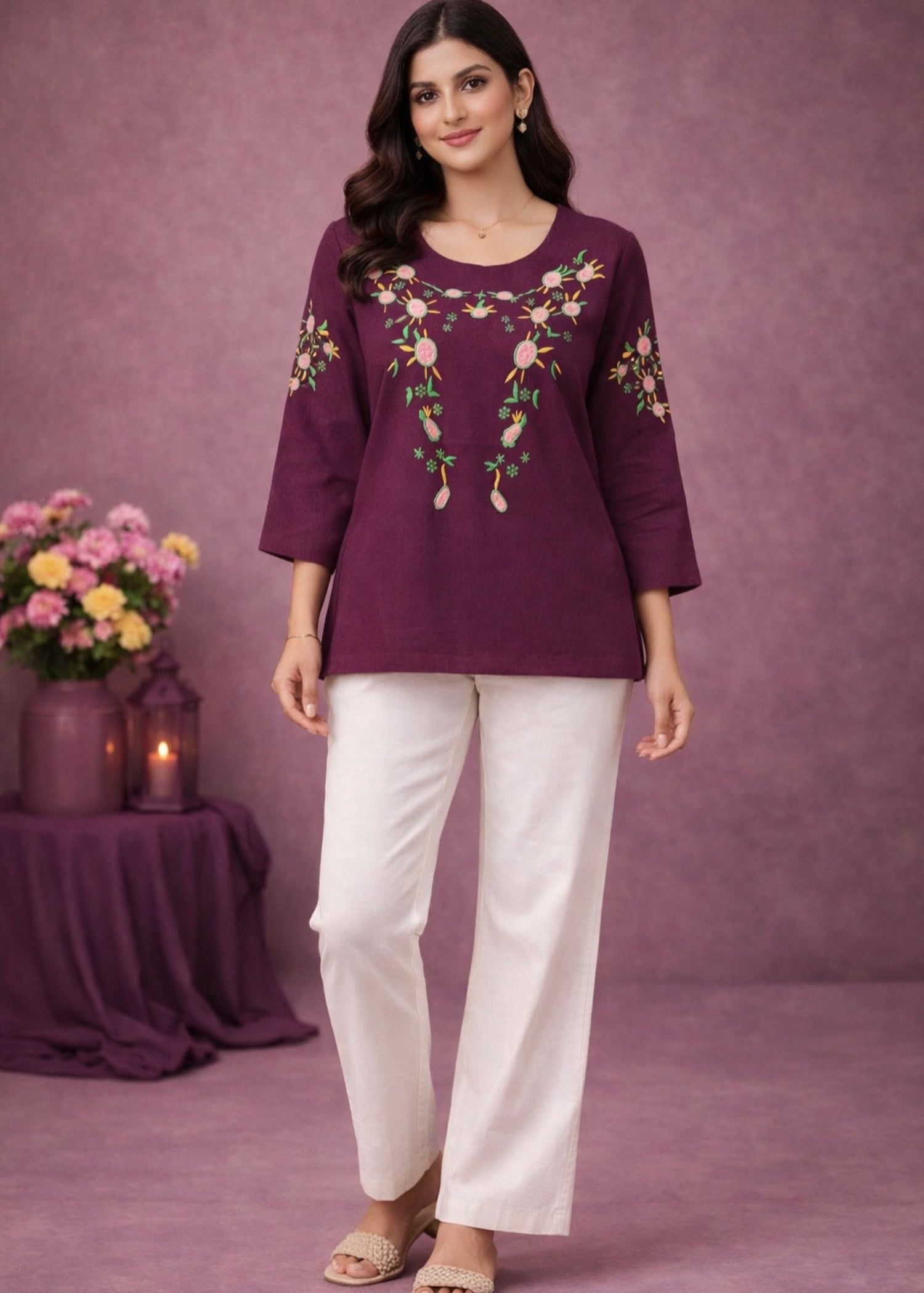 cotton karandi Tunic in Purple