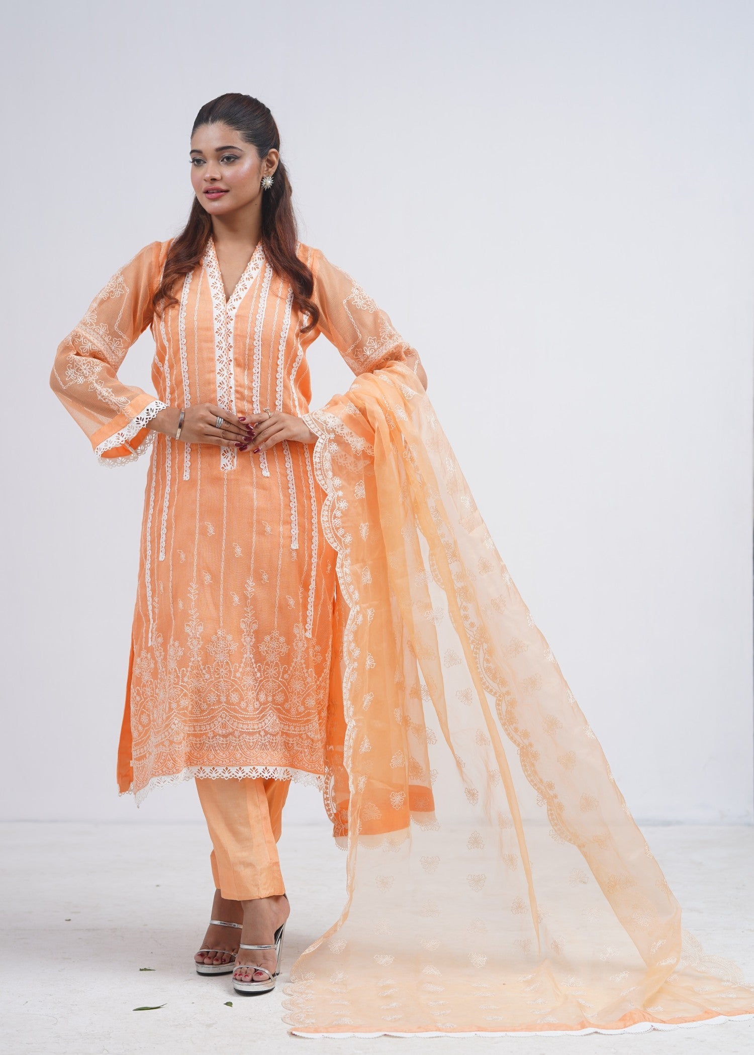 khaddi net Unstitched in Peach pink