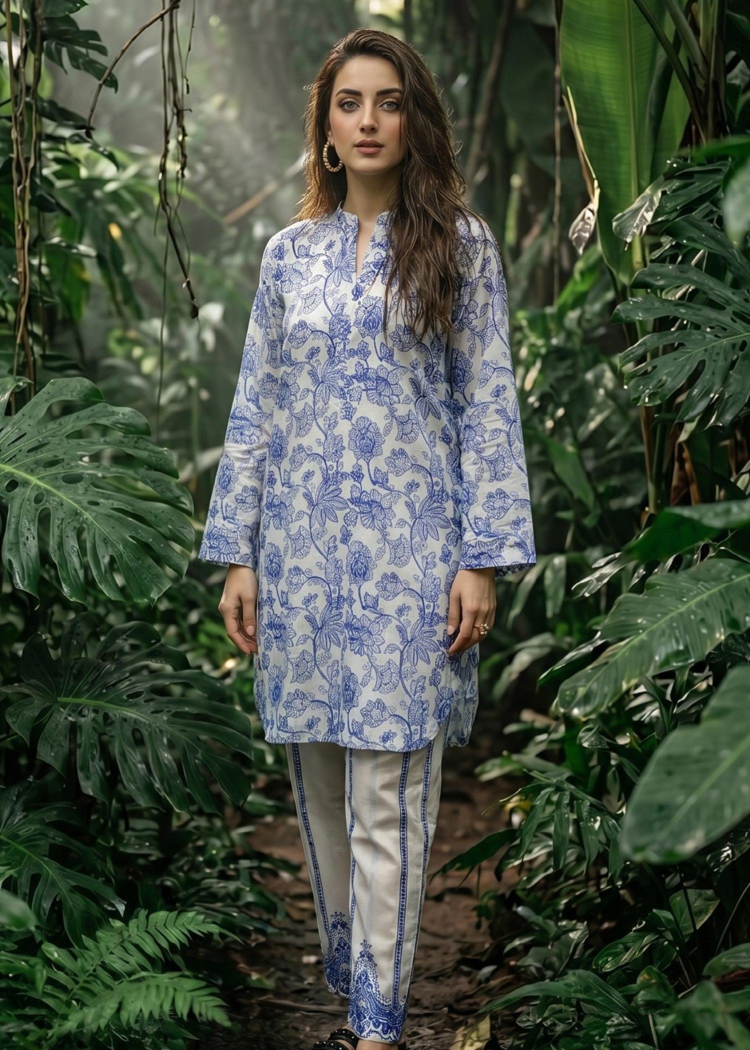 slub lawn Kurta Set in White