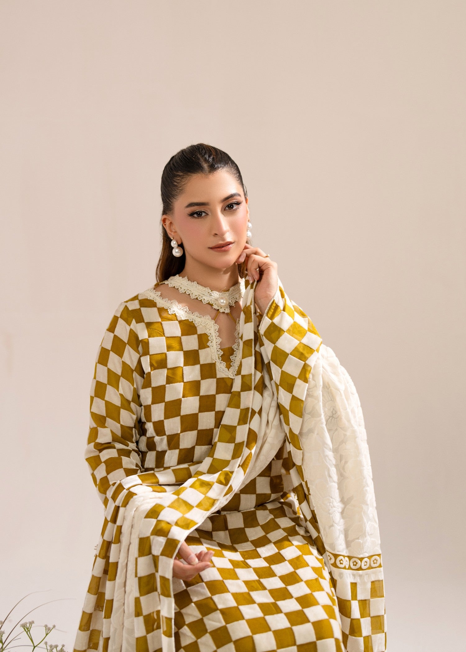 velvet Kurta Set in Mellow yellow