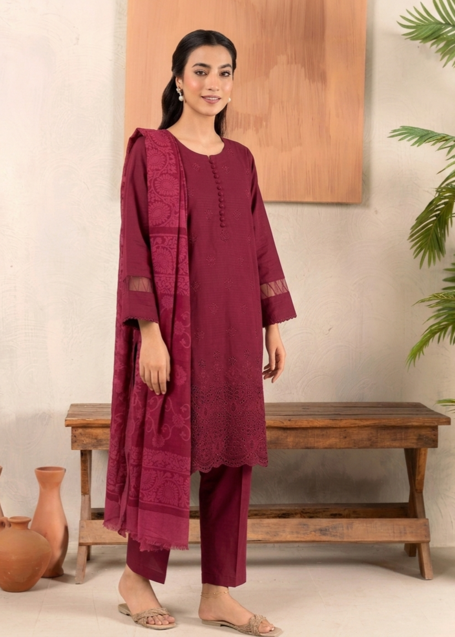 cotton satin Kurta Set in Carmine