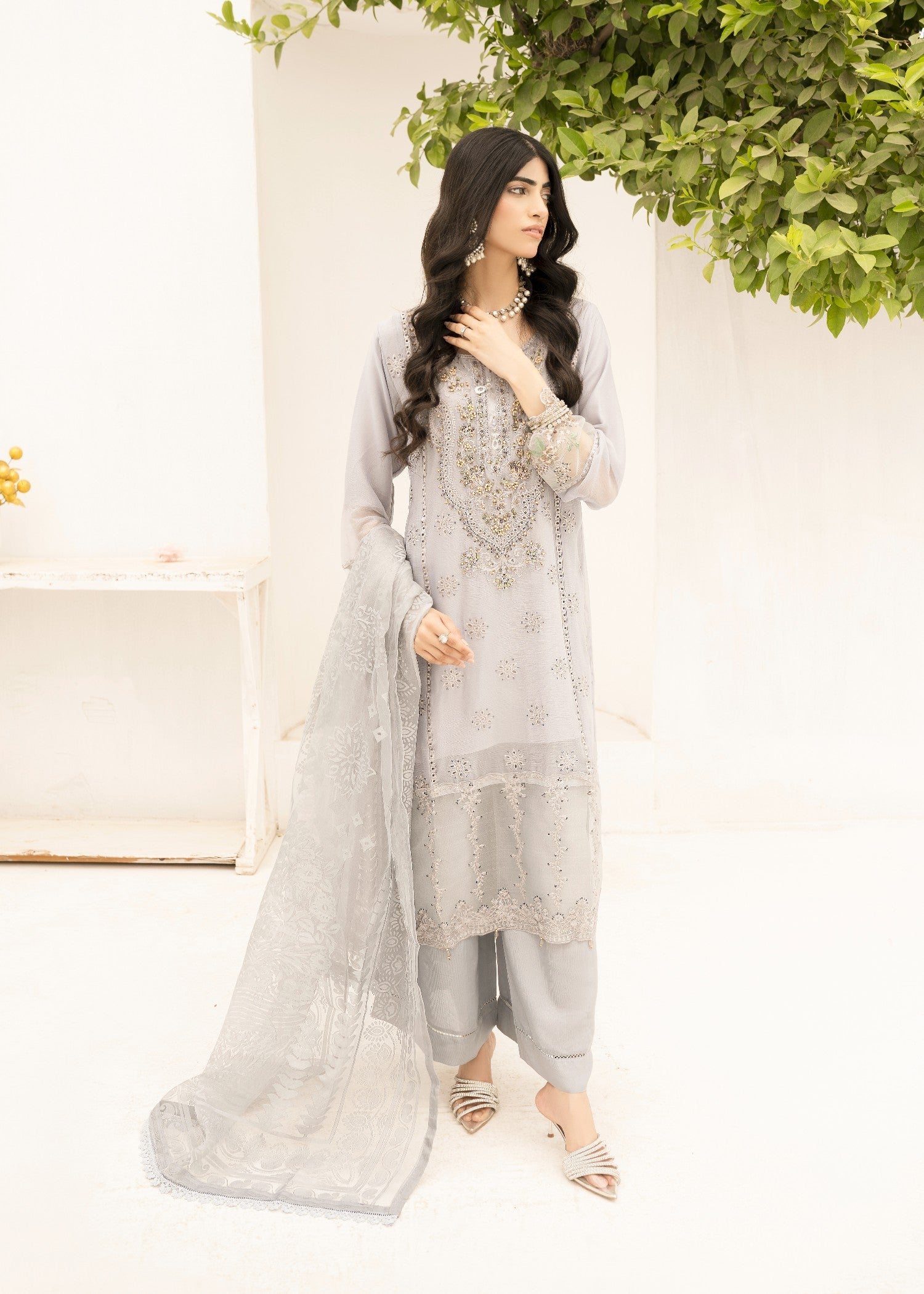 chiffon Kurta Set in Grey