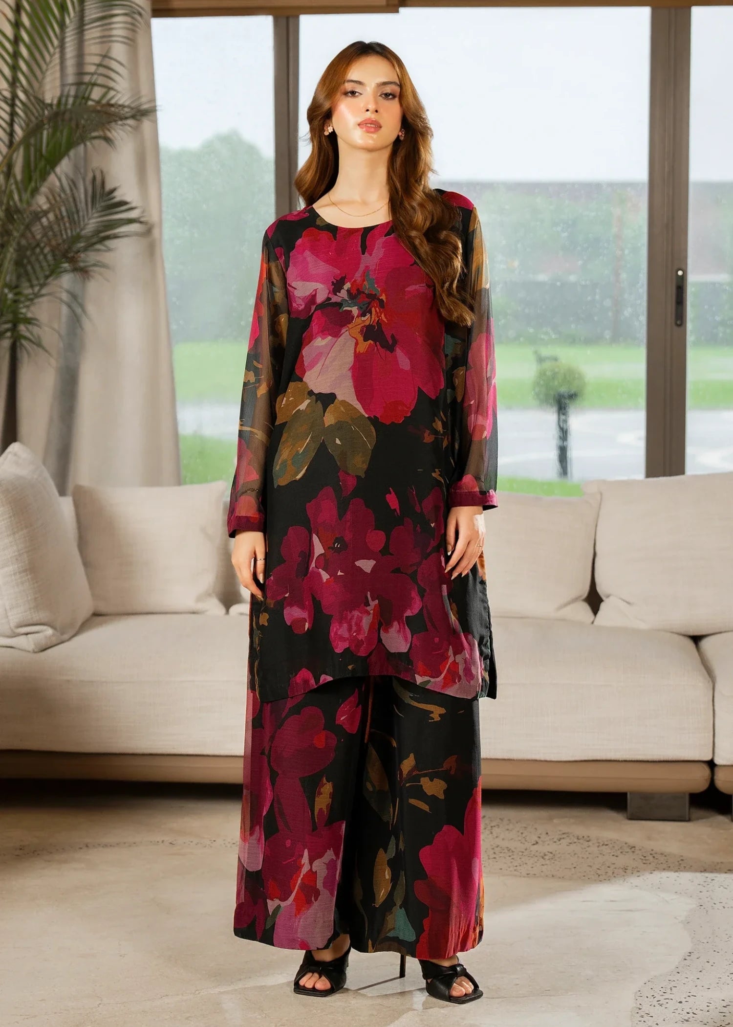 polyester chiffon Co Ord Sets in Black