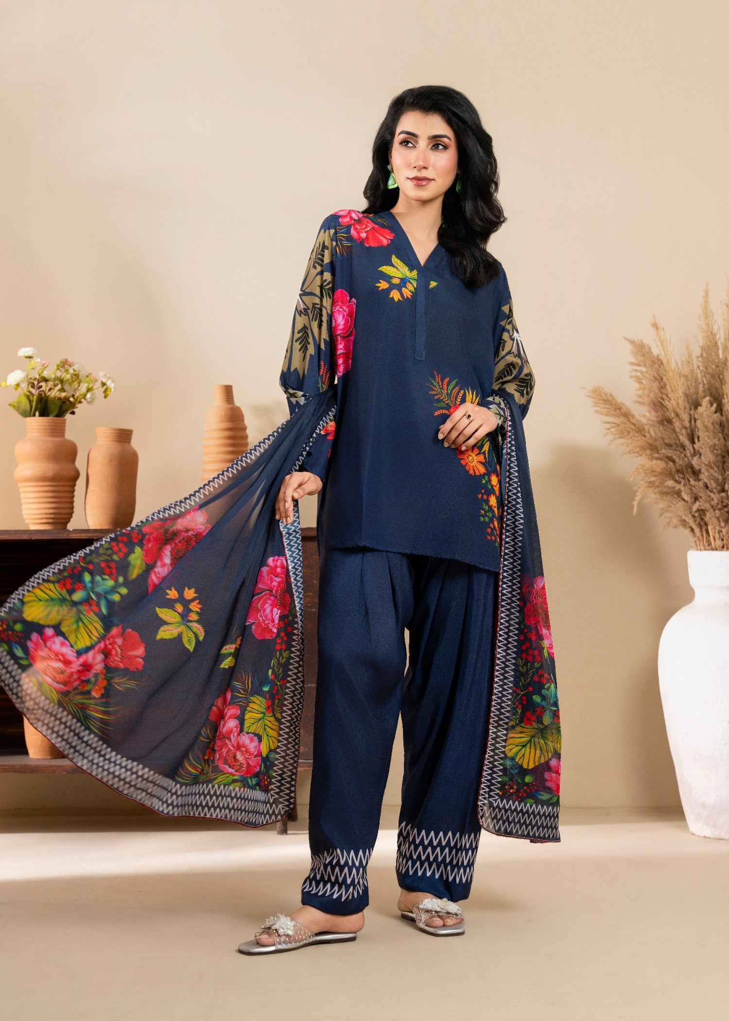 poly lawn Kurta Set in Prussian blue