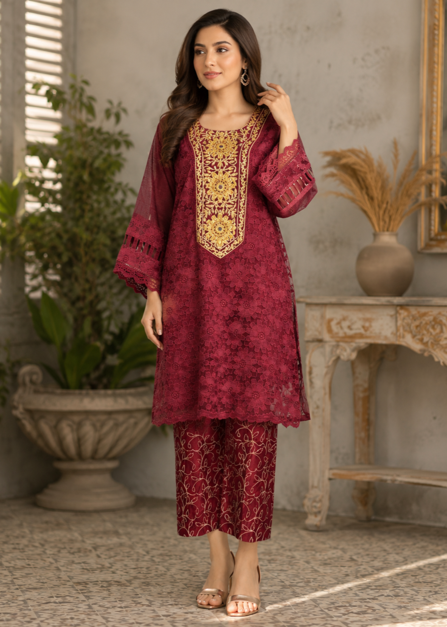tissue Kurti in Maroon