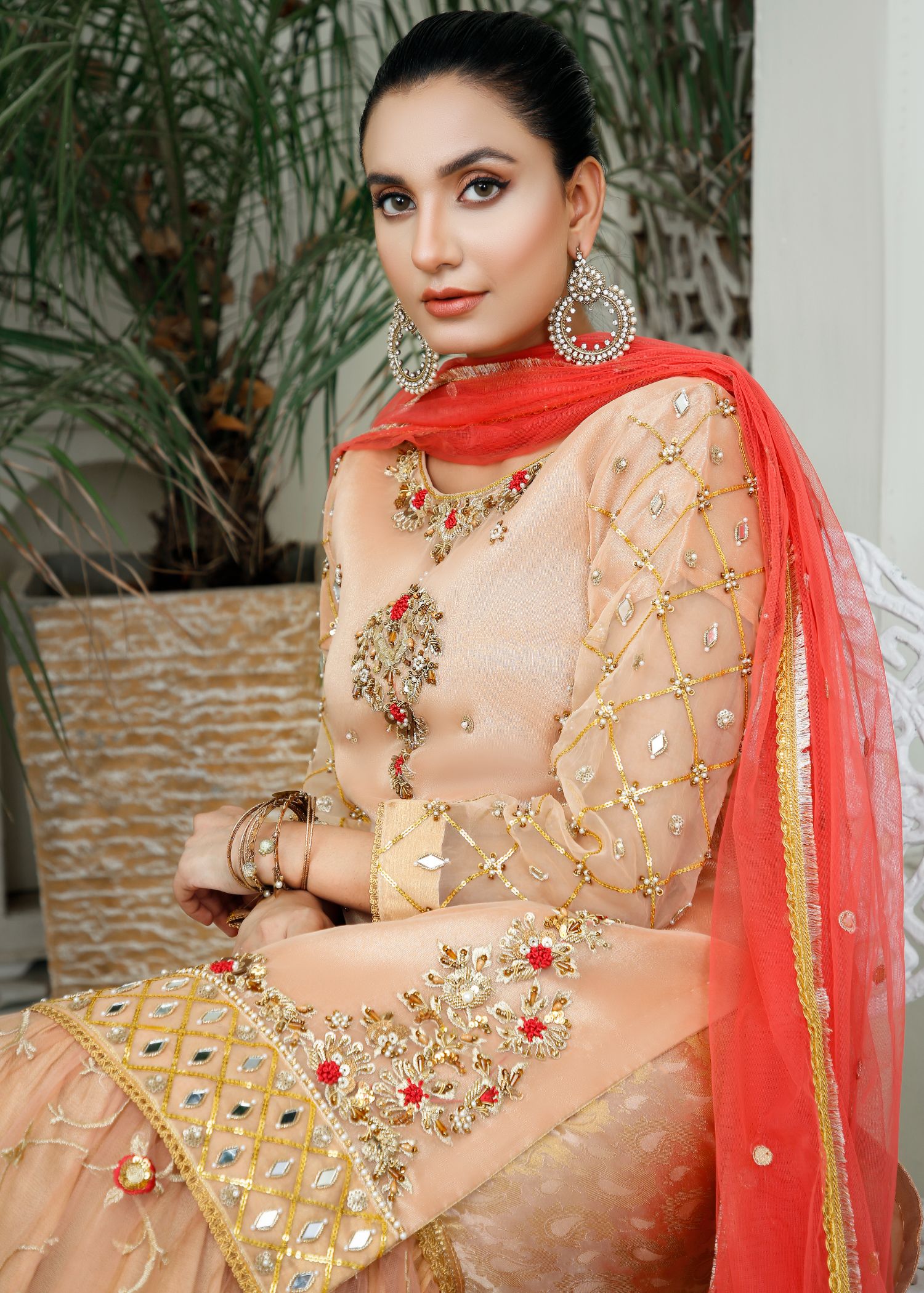 bemberg crinkle chiffon Gharara in Peach pink