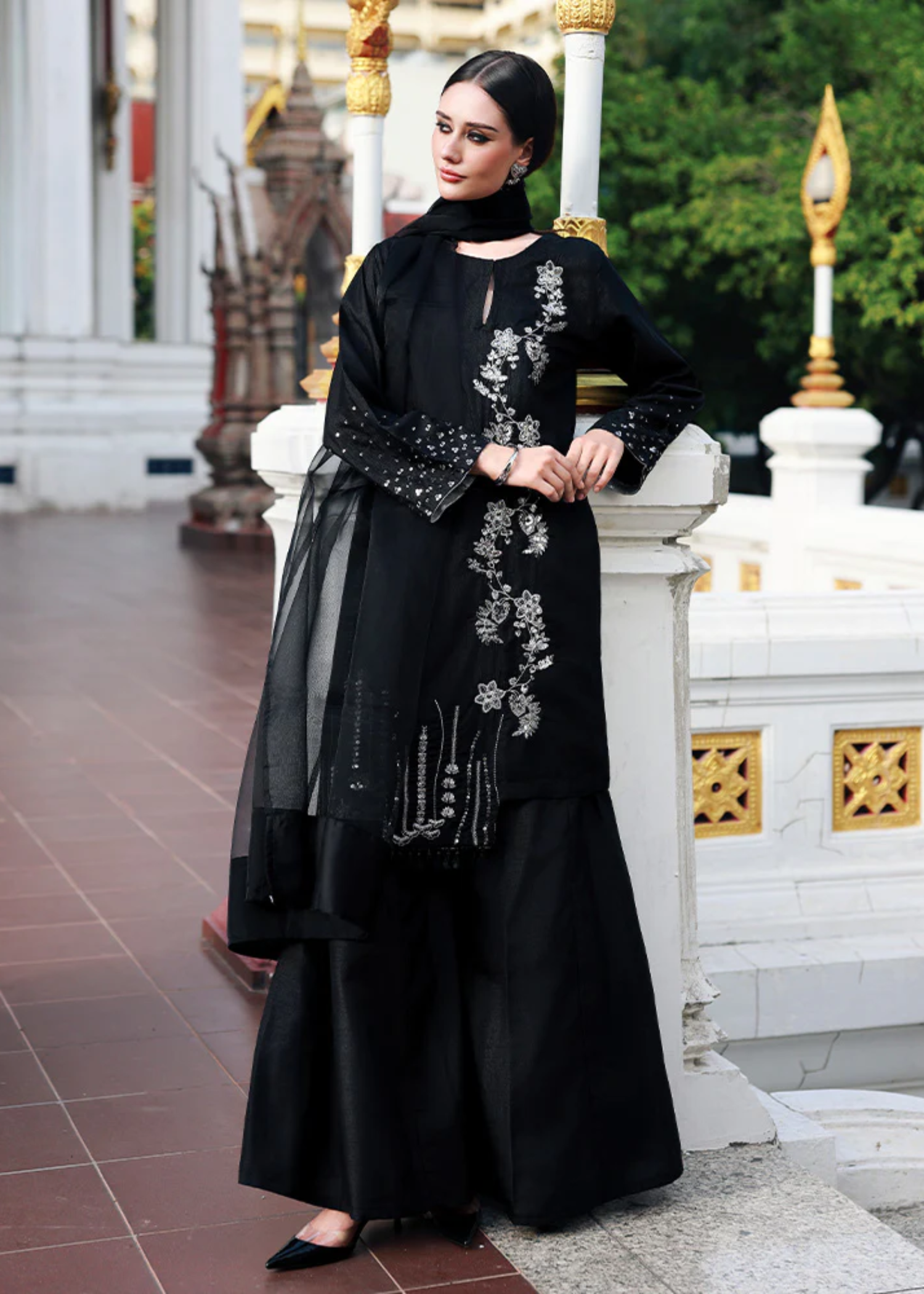 raw silk Sharara in Black