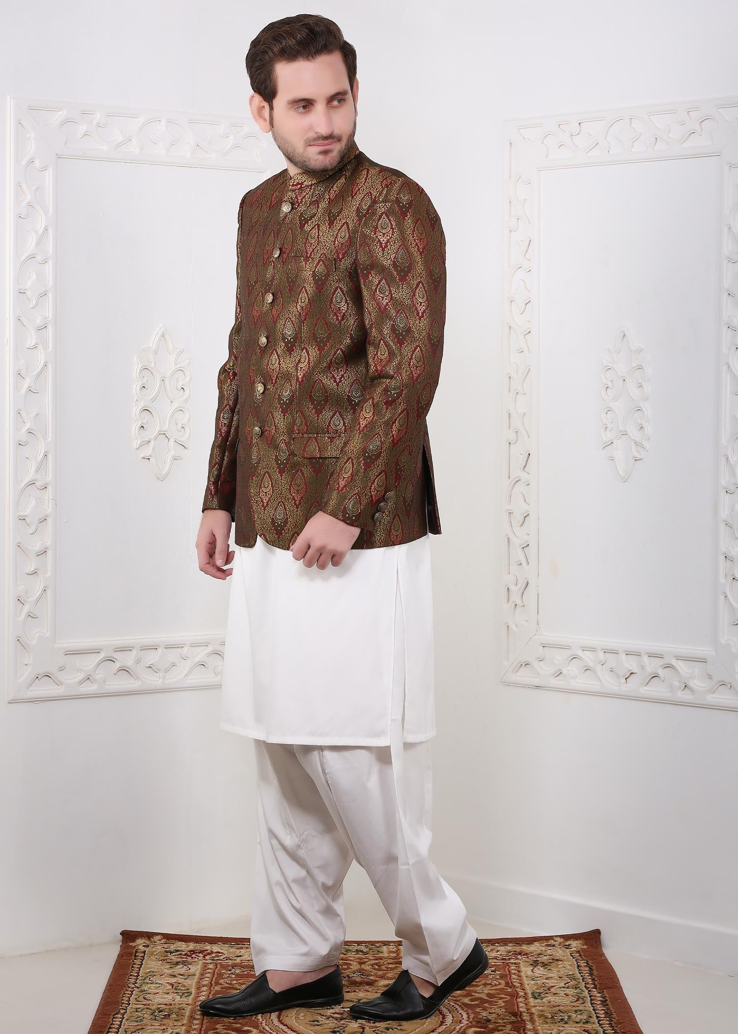 banarsi silk Prince Coat in Olive green