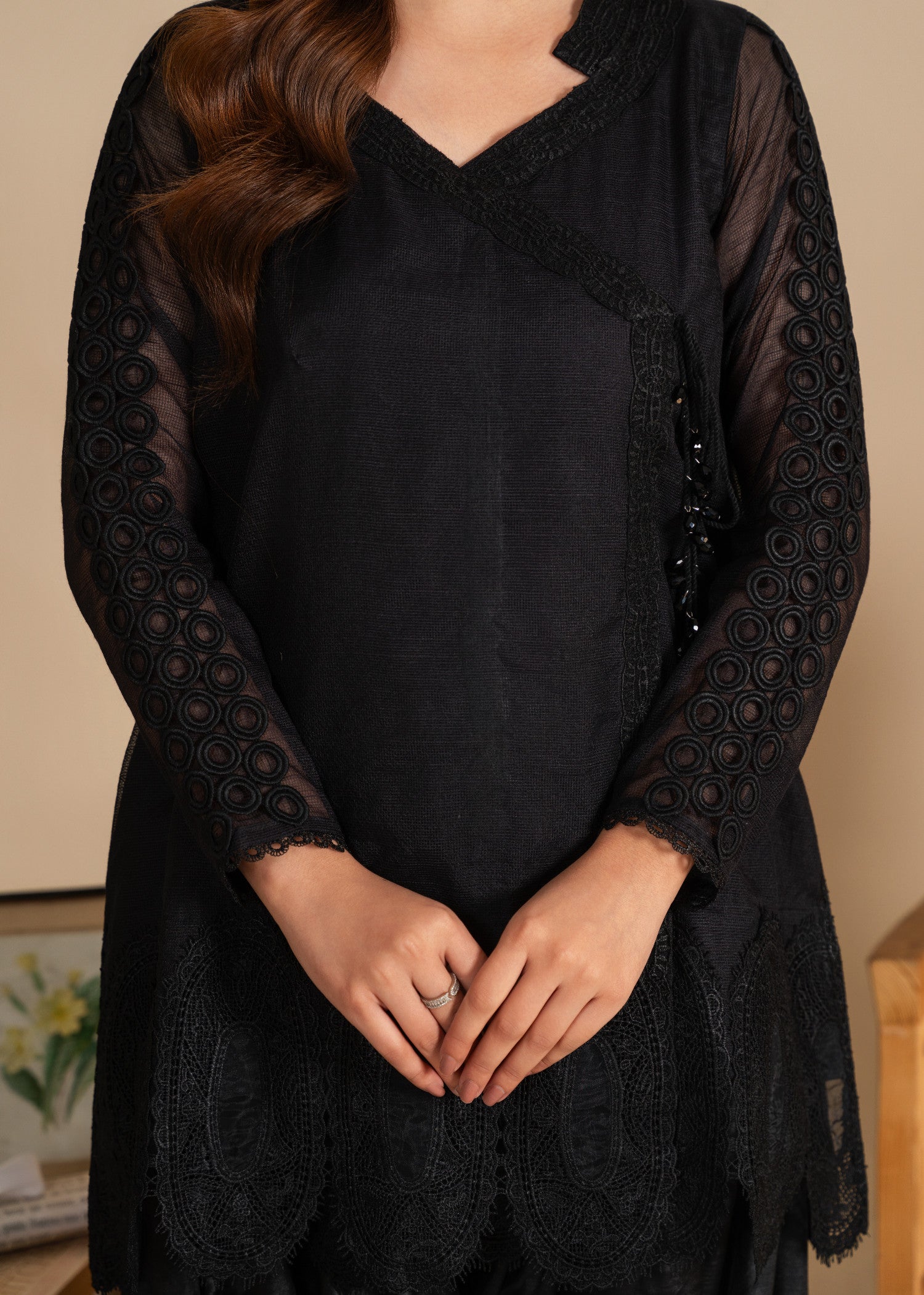 cotton net Angrakha in Black