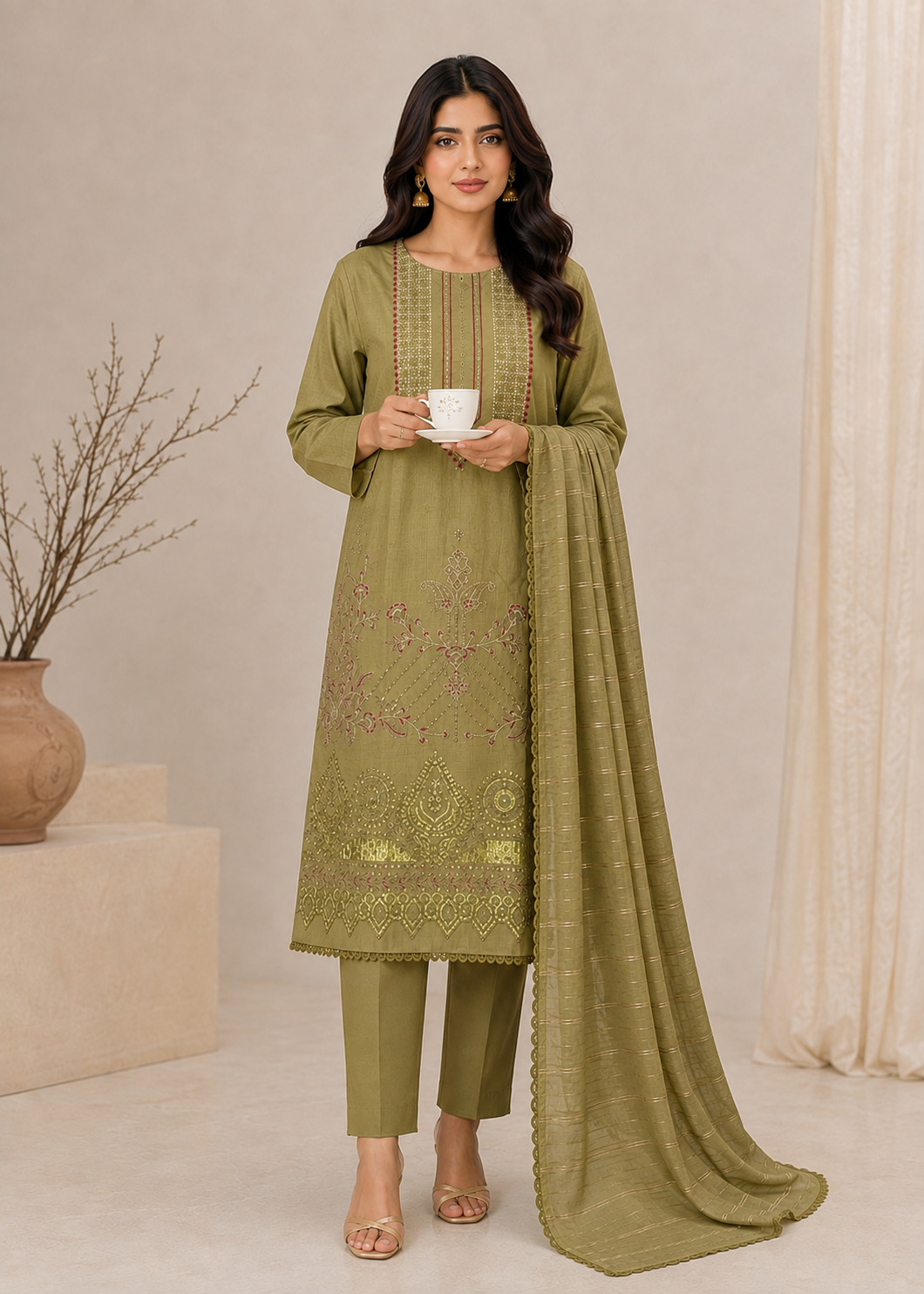lawn cotton Kurta Set in Olive green