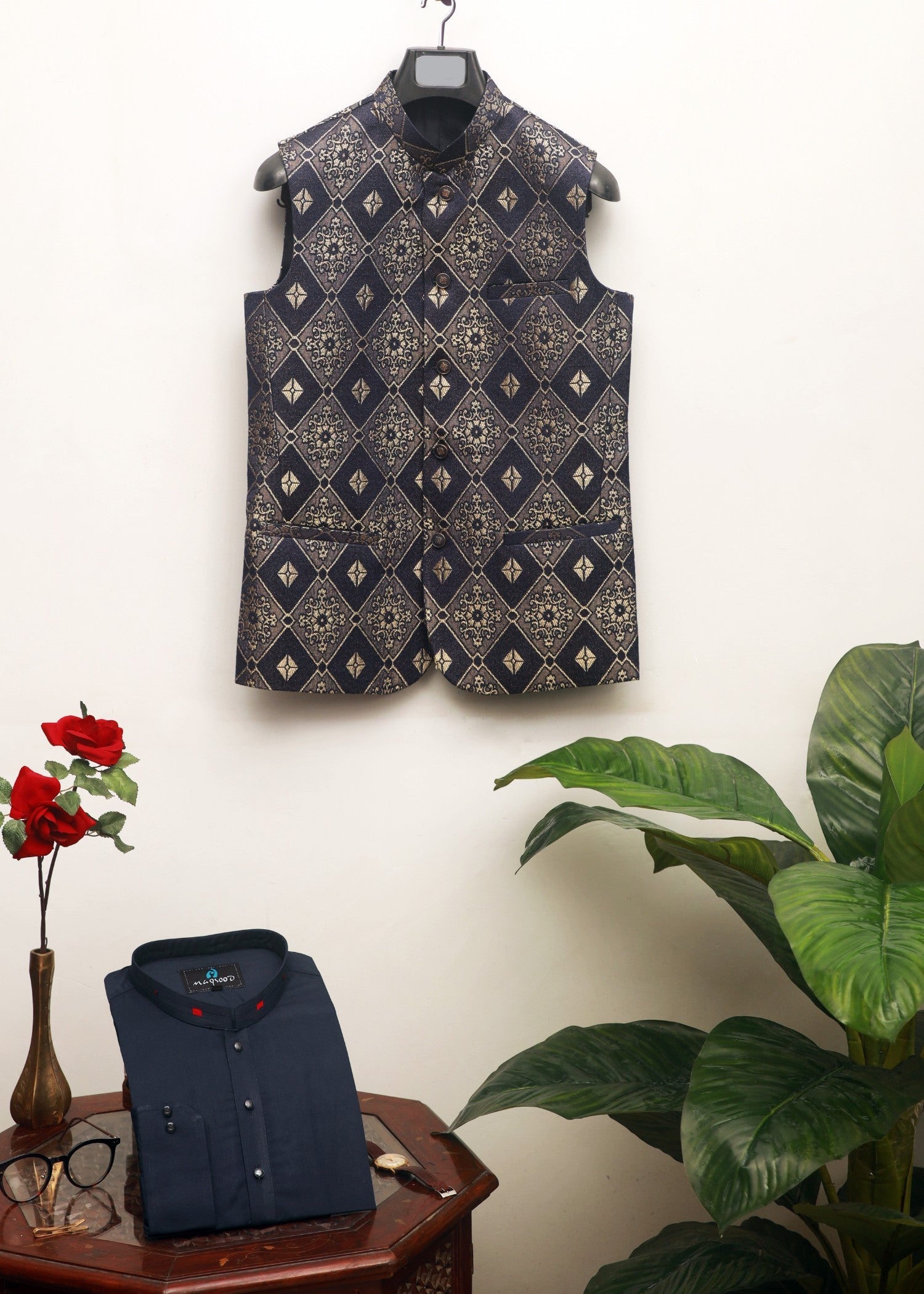 jamawar Waistcoat in Charcoal by Maqsood Garments