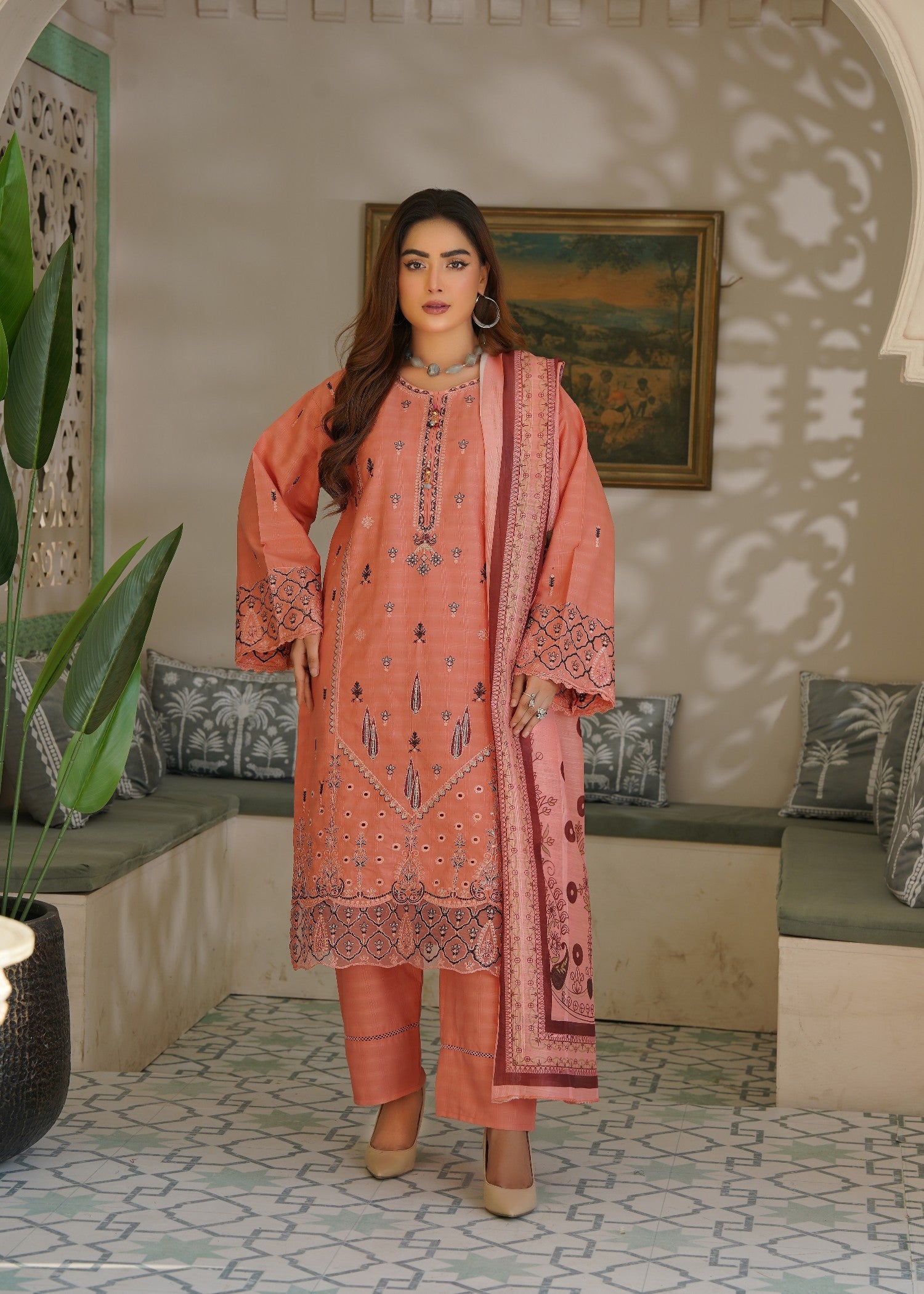 cotton Kurta Set in Peach pink