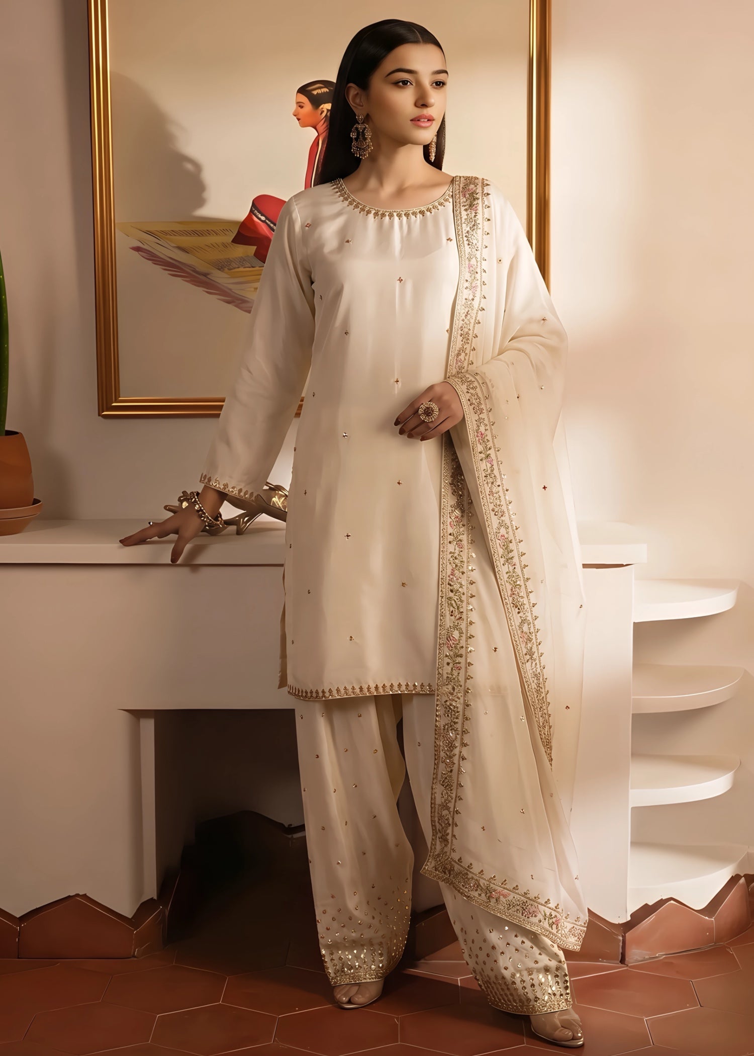 silk Kurta Set in Beige